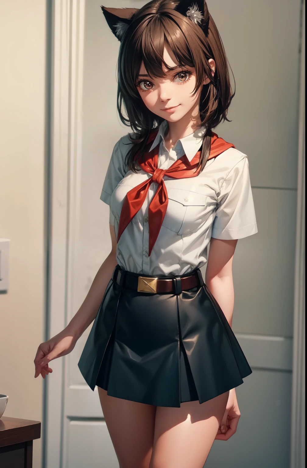 very young slim fit girl, full height, rounded face, very long disheveled dark brown hair, big brown eyes, shy smile, perfect flat breast, band on head with fake cat ears, sashagrey, pioneer neckerchief, short tight blue pleated skirt, bangs, tight white shirt, short sleeves, collared shirt, belt, red neckerchief, breast pocket