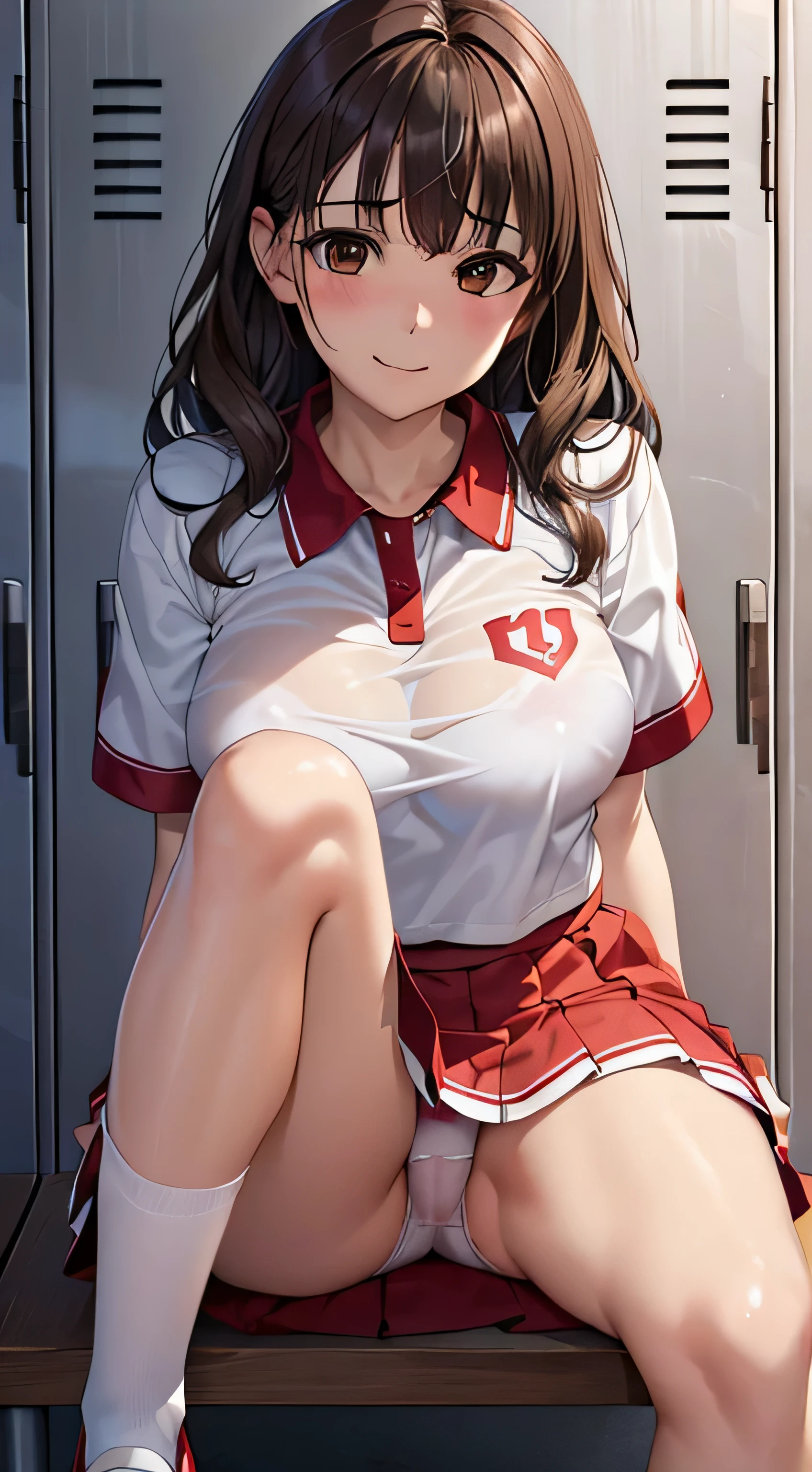 ((table top, highest quality, High resolution, perfect pixel, 4k,)), 1 girl, single, alone, Beautiful woman、I could see the whole body、 ((short wavy hair, bangs, brown hair)), ((brown eyes, beautiful eyelashes, realistic eyes)), ((detailed face, blush:1.2)), ((smooth texture:0.75, realistic texture:0.65, realistic:1.1, Anime CG style)), medium breasts, dynamic angle, perfect body, ((Sit on the floor with your legs wide apart、open both knees、Change clothes in the locker room、red and white cheerleader uniform、Red and white short-sleeved shirt、red and white ruffle skirt、、The wind flips my skirt、floral lace panties、))、、see through nipples、Very embarrassing panic smile、、cover your chest with both hands、、