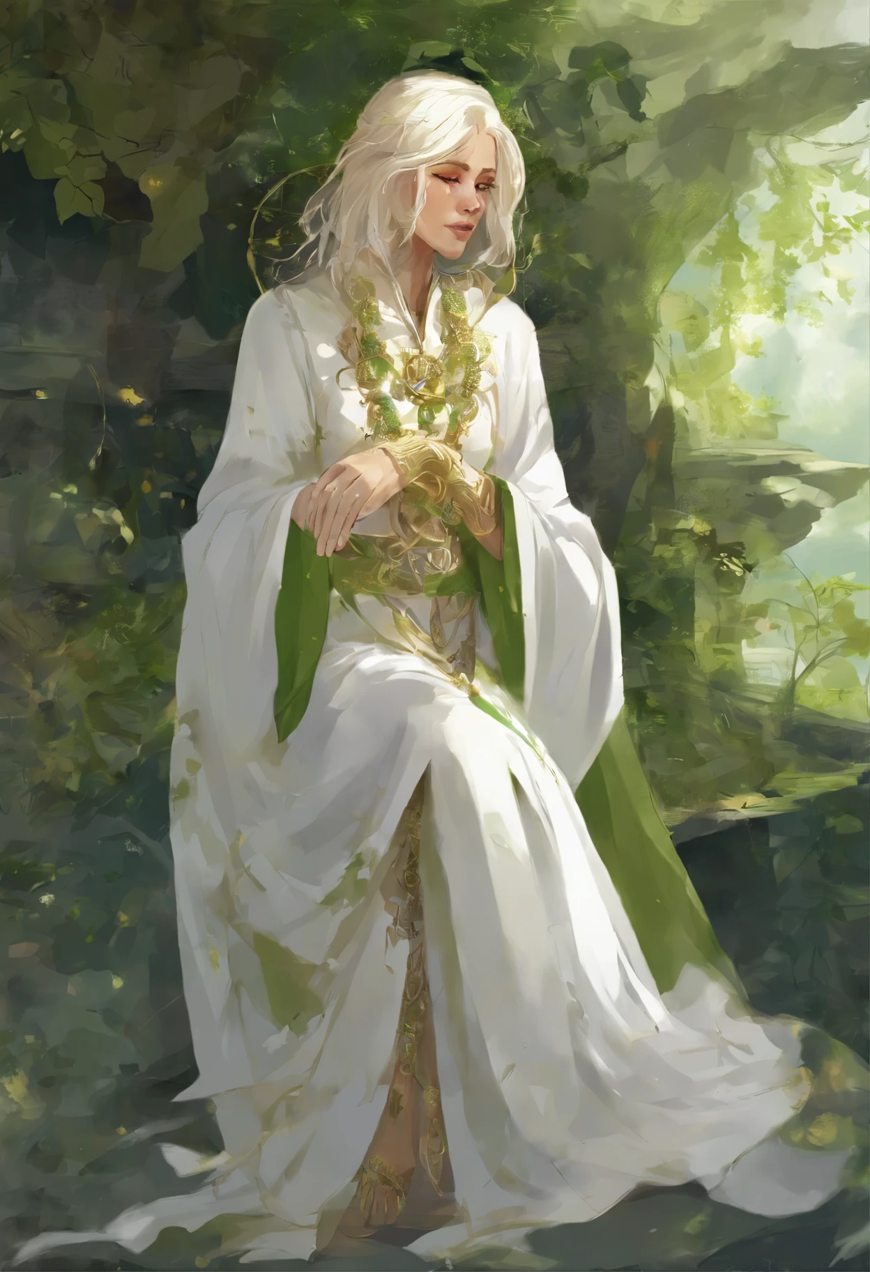Shy, gutaussehender Mann in Keramikkleidung mit goldenem haar, Green eyes, white robe, Green accents, goldener schmuck