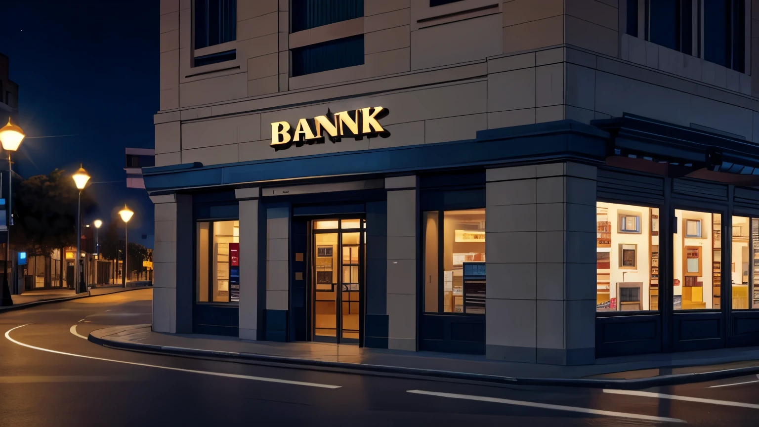 in front of bank at night, no people