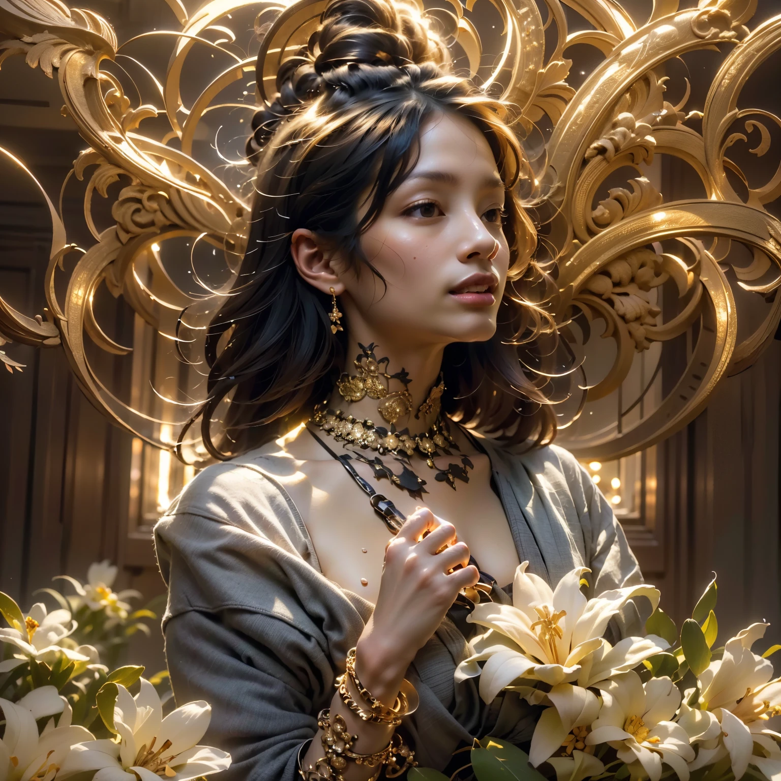 ((Masterpiece, Best quality:1.3), (ultra detail:1.3), 1 girl, One, (dark hair, shoulder-length, long hair), (elegant body, dark stylish T-shirt, beautiful hands in jewelry bracelets, tattoos), ( rock star)). ((Calm look, relaxed pose, holding a lily flower in his hand.) (standing). (Modern interior, art deco, studio room, many flowers - lilies, high ceilings)) . Best quality, (SURREALISM: 1.3)). (real flowers decorate the interior in simple glass vases on the floor), (the flowers look amazing). ((masterpiece: 1.2), (realism: 1.2), (Best quality), (special attention to character, colors, room elements: 1.3)). (Open window, exquisite design, mostly in light colors: white, blue, yellow, gold). (High light ceiling).((Realistic 3D visualization, super detail, ray tracing, flooded sunlight, contrasting shadows - cool tones, warm soft light)). Modern style (Modern), (High-Tech), (Surrealism: 1.3), Excellent, high quality. Hand-drawn realism.