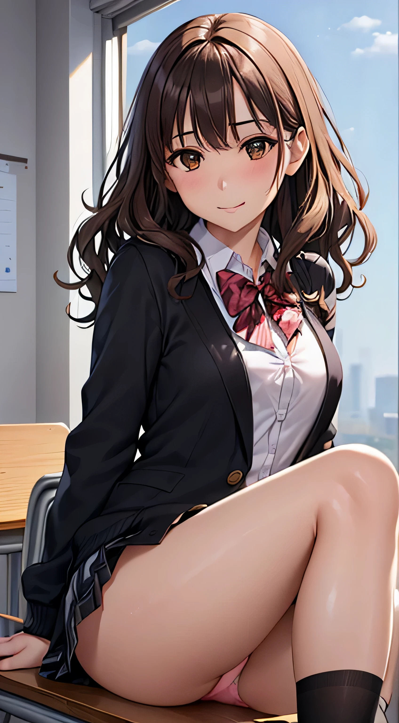 (table top, highest quality, High resolution, , perfect pixel, 4k,), 1 girl, single, alone, Beautiful woman、I could see the whole body、 ((wavy middle hair, bangs, brown hair)), ((brown eyes, beautiful eyelashes, realistic eyes)), ((detailed face, blush:1.2)), ((smooth texture:0.75, realistic texture:0.65, realistic:1.1, Anime CG style)), medium breasts, dynamic angle, perfect body, ((red bow tie, school uniform, black jacket, open jacket,cardigan, white shirt, black skirt, shirt unbuttoned、plaid skirt)), upper grade、shy smile、school classroom、evening、sit at desk、(open your legs、get down on one knee、、pale pink floral lace panties)、