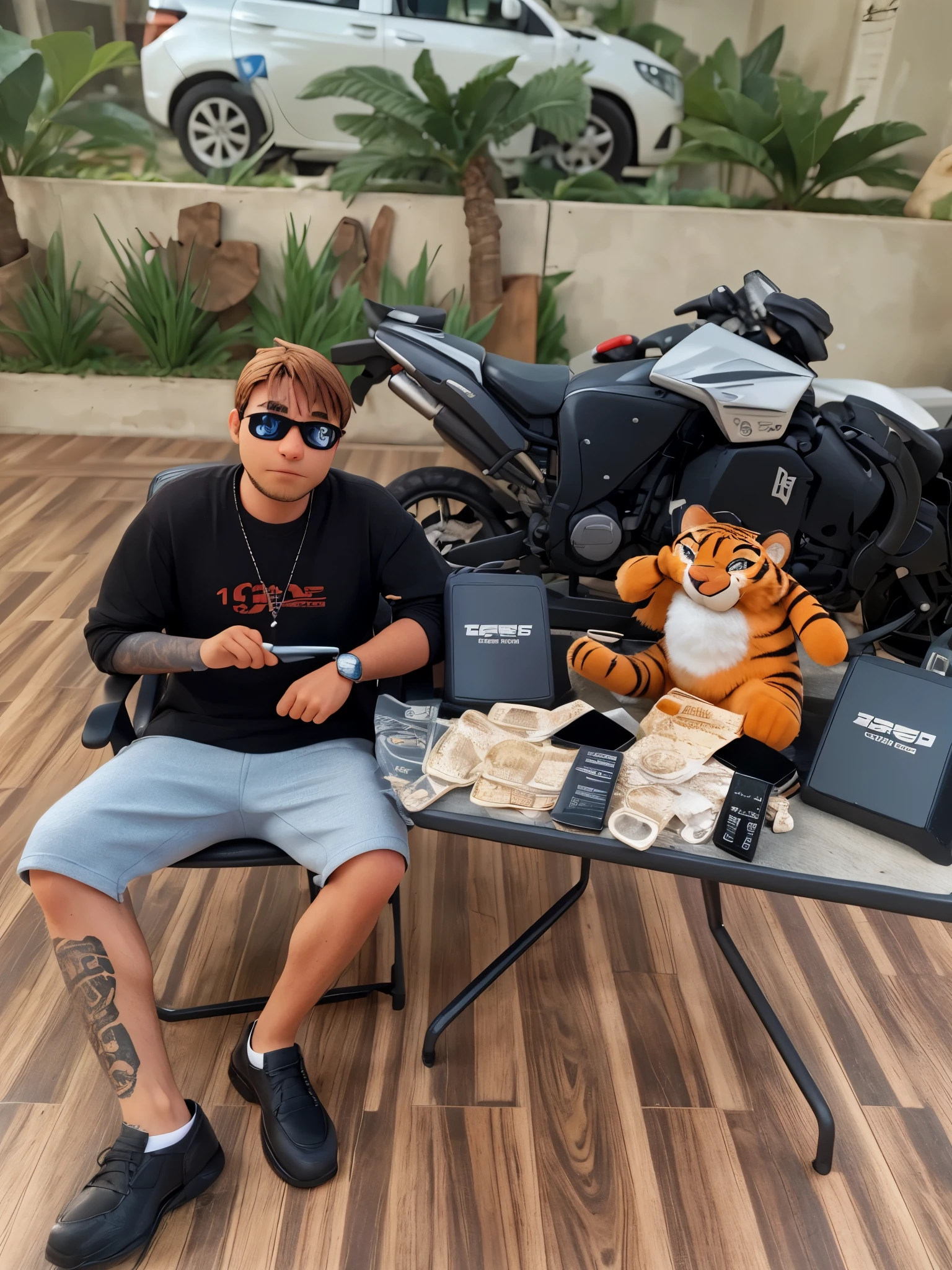 plush tiger's face sharper, bone smaller, man's hair with some black strands