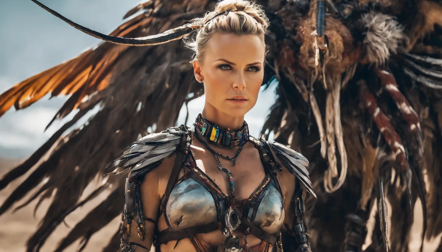 realistic, cowboy shot, (ohwx woman) cyborg, woman (Charlize Theron), hair braided in pigtails, dark makeup, colorful war painted tattoos on her neck and breasts, feathers in her hair, strong, proud, , beautiful full shot imagery, , beautiful atmosphere, a mix of ancient and futuristic atmosphere, ultra detailed, photorealistic imagery, imersive ancient background, 4k, 8k, low angle, action shot