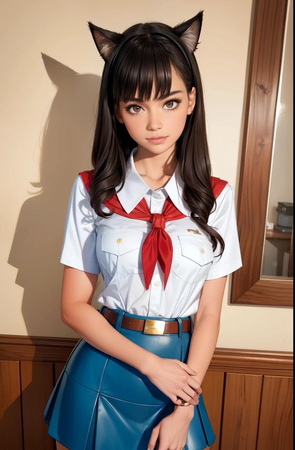 very young slim fit girl, full height, rounded face, very long disheveled dark brown hair, big brown eyes, shy smile, perfect flat breast, band on head with fake cat ears, sashagrey, pioneer neckerchief, short tight blue pleated skirt, bangs, tight white shirt, short sleeves, collared shirt, belt, red neckerchief, breast pocket, white wall