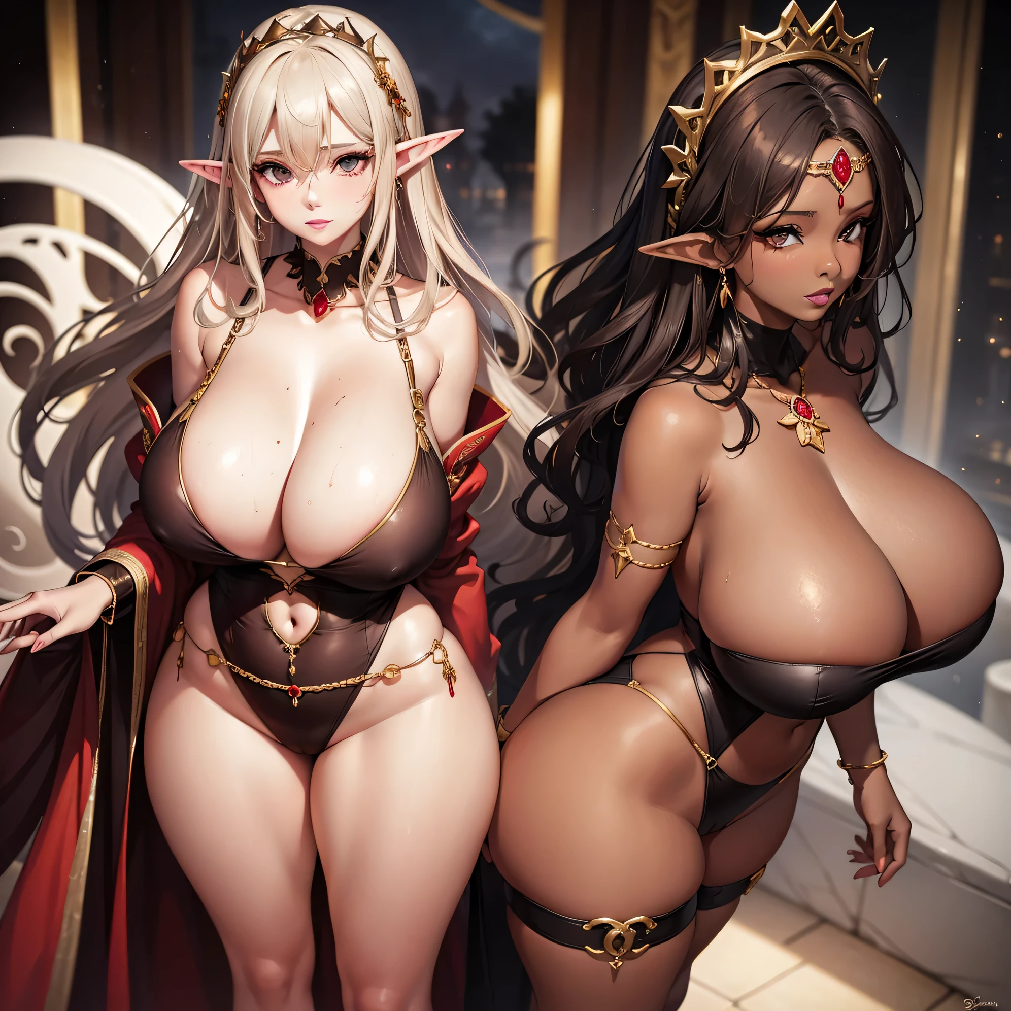 Best quality, solo mature woman, enormous breasts, giant ass, very curvy, dark brown skin, very long ash blonde hair, silver eyes, full lips, seductive, red and black goddess robes, flower crown, gold jewellery, goddess, curvy physique, thick thighs, elf, blonde