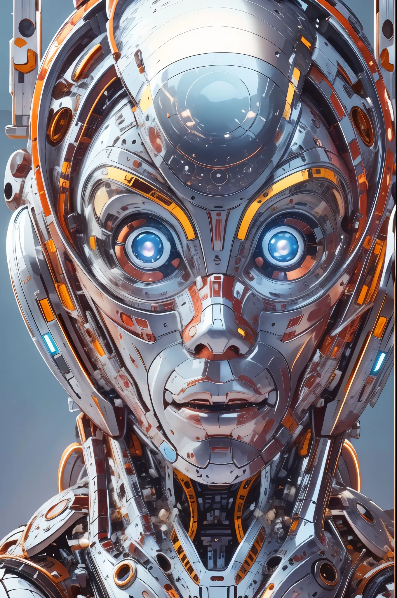 extremely detailed eyes, intricate and delicate joints, polished metal surface, graceful movements, realistic facial expressions, mechanical precision, vibrant LED lights, futuristic design, advanced technology, dynamic poses, interactive features