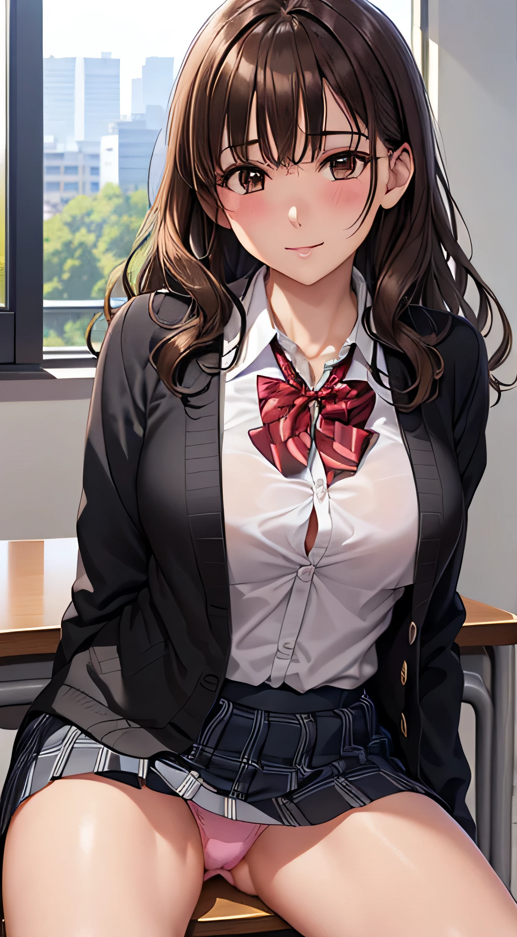 (table top, highest quality, High resolution, , perfect pixel, 4k,), 1 girl, single, alone, Beautiful woman、I could see the whole body、 ((wavy middle hair, bangs, brown hair)), ((brown eyes, beautiful eyelashes, realistic eyes)), ((detailed face, blush:1.2)), ((smooth texture:0.75, realistic texture:0.65, realistic:1.1, Anime CG style)), medium breasts, dynamic angle, perfect body, ((red bow tie, school uniform, black jacket, open jacket,cardigan, white shirt, black skirt, shirt unbuttoned、plaid skirt)), upper grade、shy smile、school classroom、evening、sit at desk、(open both legs wide、get down on one knee、show me your butt、pale pink floral lace panties)、