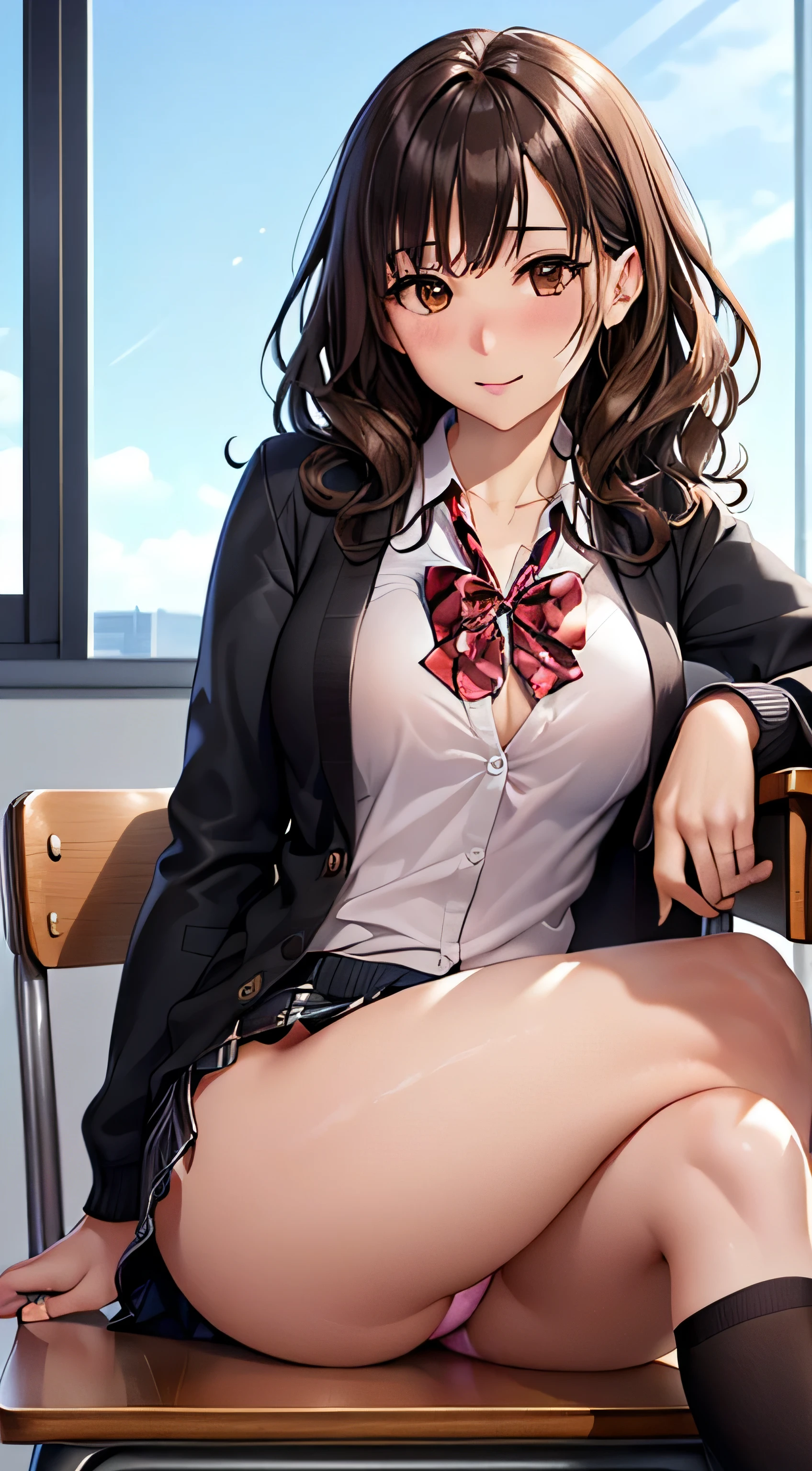 (table top, highest quality, High resolution, , perfect pixel, 4k,), 1 girl, single, alone, Beautiful woman、I could see the whole body、 ((wavy middle hair, bangs, brown hair)), ((brown eyes, beautiful eyelashes, realistic eyes)), ((detailed face, blush:1.2)), ((smooth texture:0.75, realistic texture:0.65, realistic:1.1, Anime CG style)), medium breasts, dynamic angle, perfect body, ((red bow tie, school uniform, black jacket, open jacket,cardigan, white shirt, black skirt, shirt unbuttoned、plaid skirt)), upper grade、shy smile、school classroom、evening、sit at desk、(open both legs wide、get down on one knee、show me your butt、pale pink floral lace panties)、