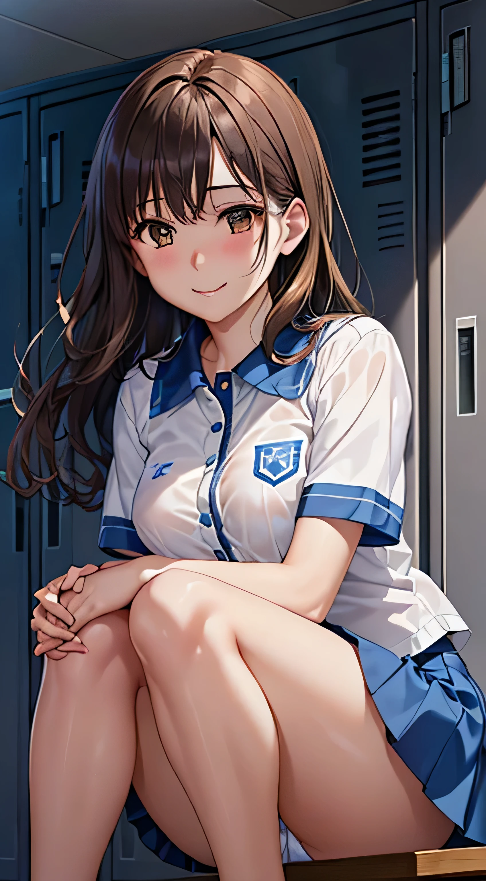 ((table top, highest quality, High resolution, perfect pixel, 4k,)), 1 girl, single, alone, Beautiful woman、I could see the whole body、 ((short wavy hair, bangs, brown hair)), ((brown eyes, beautiful eyelashes, realistic eyes)), ((detailed face, blush:1.2)), ((smooth texture:0.75, realistic texture:0.65, realistic:1.1, Anime CG style)), medium breasts, dynamic angle, perfect body, ((Sit on the floor with your legs wide apart、open both knees、Change clothes in the locker room、Blue and white cheergirl uniform、blue and white short sleeve shirt、Blue and white ruffled skirt、、The wind flips my skirt、floral lace panties、))、、see through nipples、Very embarrassing panic smile、、cover your chest with both hands、、