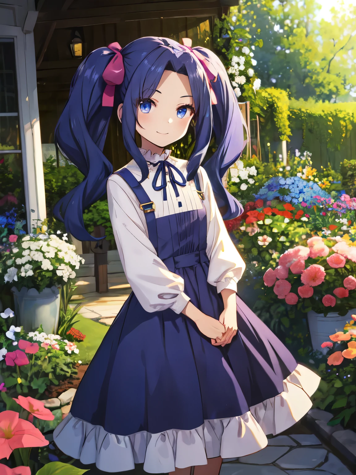 Super detailed, High resolution,[8k images:1.15],garden、long hair overall,anime style girl, 1 girl, standing、smile、blue eyes, eyes visible through hair, eyes can be seen through hair、closed mouth、hair intake, bangs, purple hair, bangs, amount, very long hair, twin tails, parted bangs, hair ribbon, hair ribbon, dress, long sleeve, blue dress, neck ribbon, skirt、garden、flower々が咲くgarden, highest quality, High resolution,carboy shot、