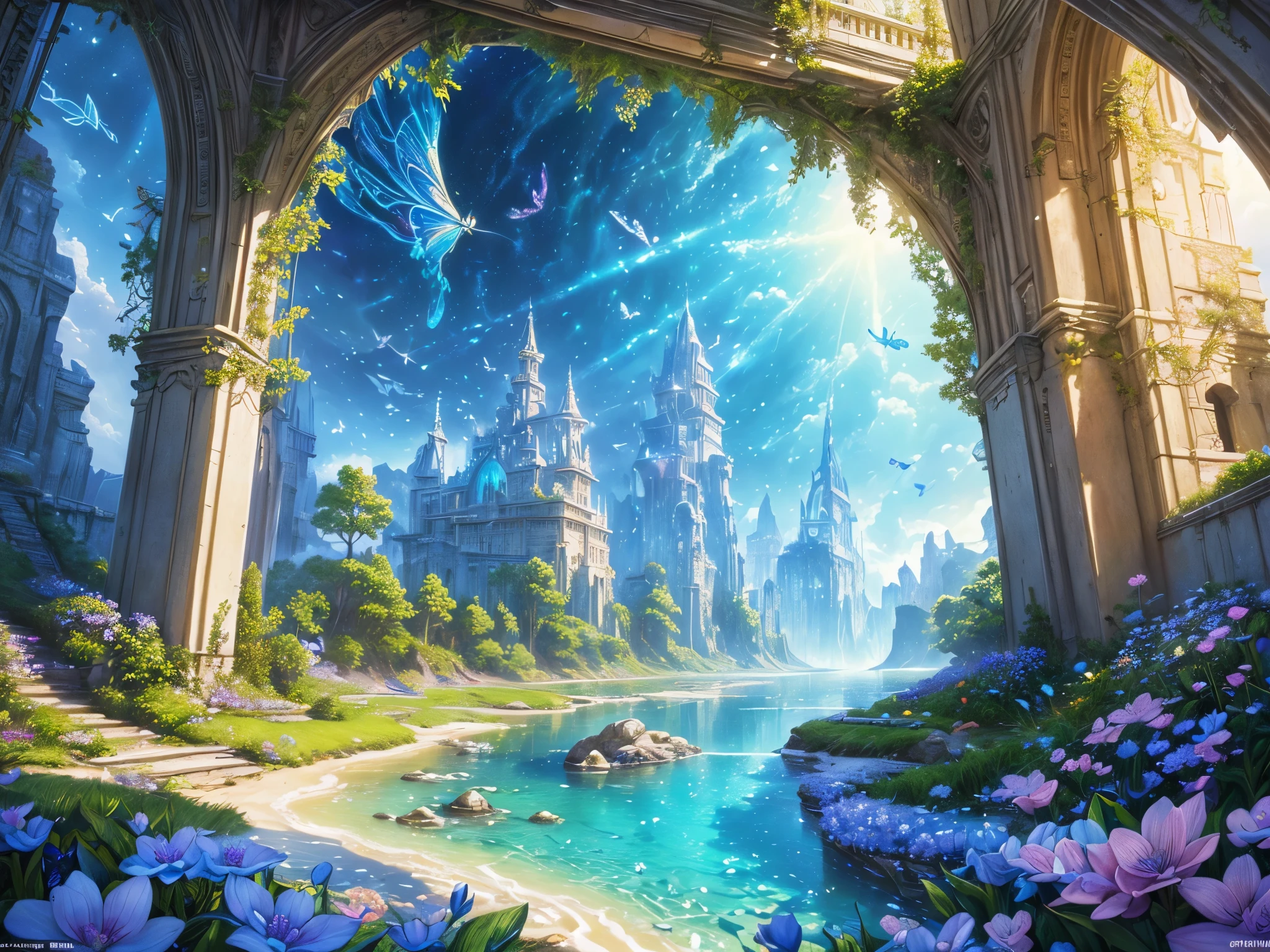 ((highest quality)),(ultra high resolution),(Super detailed),(detailed description),((best CG)),(best work of art),super precision art,amazing drawing art,(Fantasy art with precise details:1.5), Utopia of eternal spring,coloured butterflies、The blue sky spreads everywhere、clear stream、small flowers々、