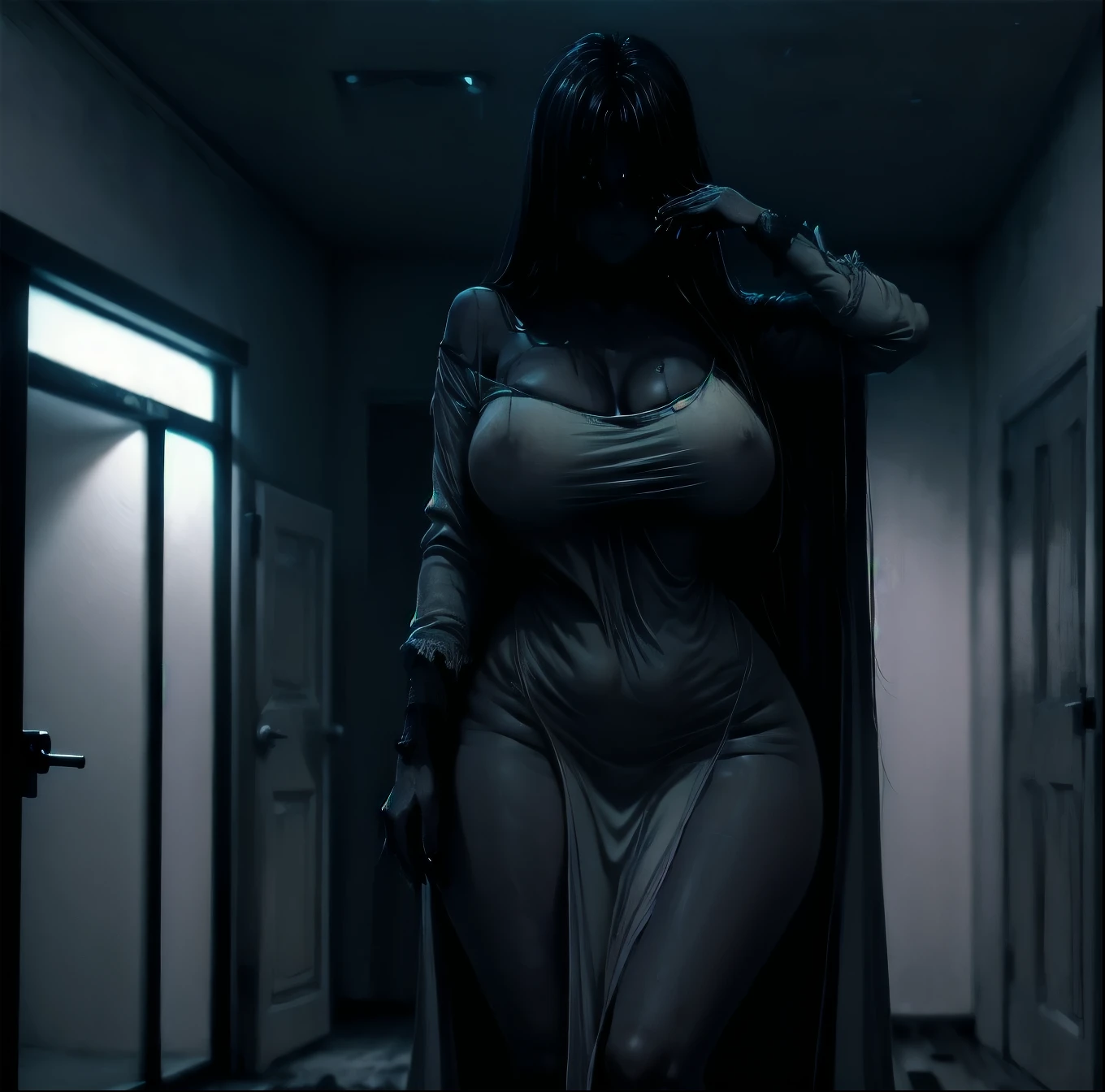 POV: pitch black dark attic with static on tv, extremely pale woman with breasts larger than her head, very tall woman, long wet black hair covers her face face, long white night gown sticking to skin, soaking wet, skinny, slim thick, small waist, wide hips, enormous breasts larger than her head, standing in pitch black dark bedroom with static tv