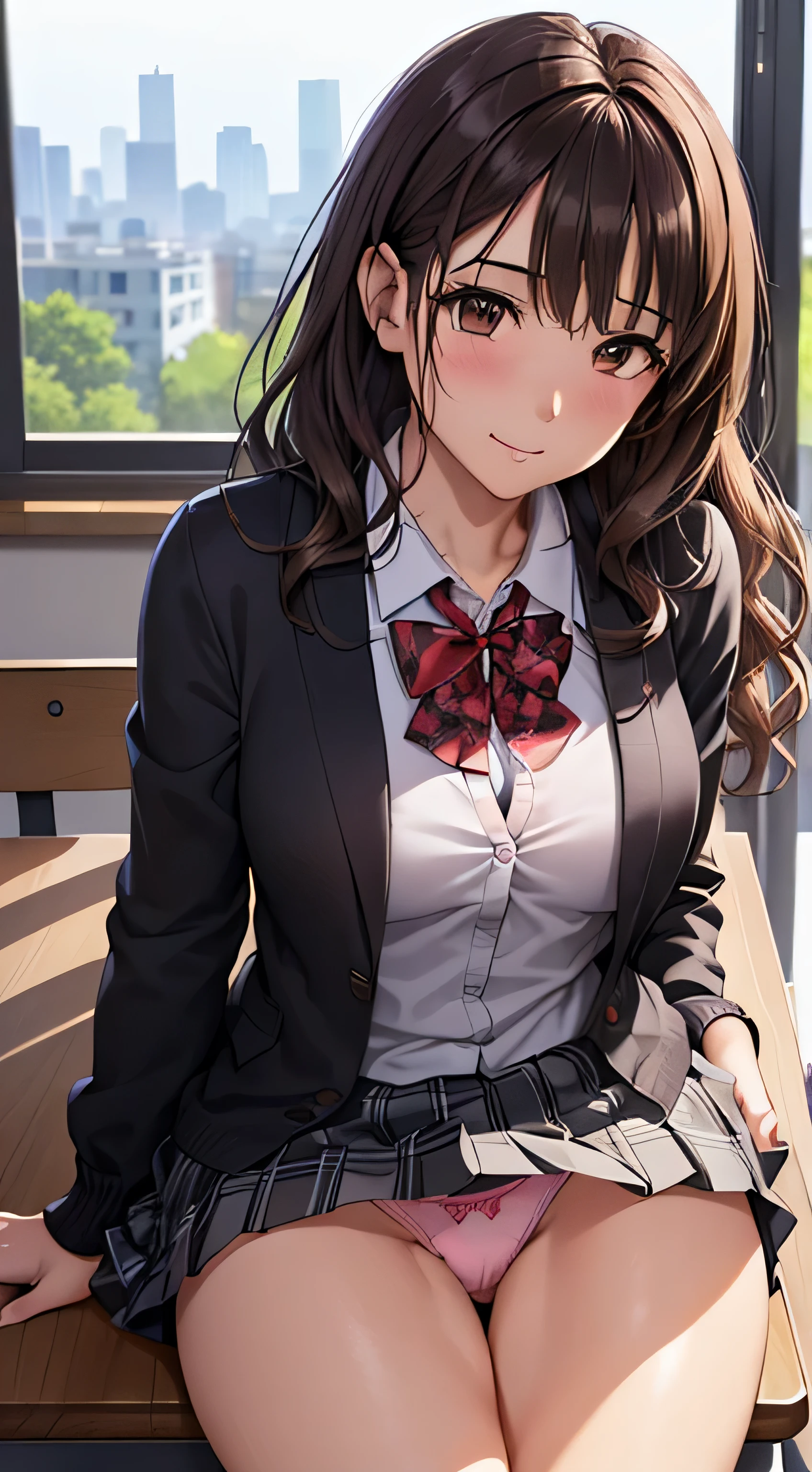(table top, highest quality, High resolution, , perfect pixel, 4k,), 1 girl, single, alone, Beautiful woman、I could see the whole body、 ((wavy middle hair, bangs, brown hair)), ((brown eyes, beautiful eyelashes, realistic eyes)), ((detailed face, blush:1.2)), ((smooth texture:0.75, realistic texture:0.65, realistic:1.1, Anime CG style)), medium breasts, dynamic angle, perfect body, ((red bow tie, school uniform, black jacket, open jacket,cardigan, white shirt, black skirt, shirt unbuttoned、plaid skirt)), upper grade、shy smile、school classroom、evening、sit at desk、(open both legs wide、get down on one knee、show me your butt、pale pink floral lace panties)、