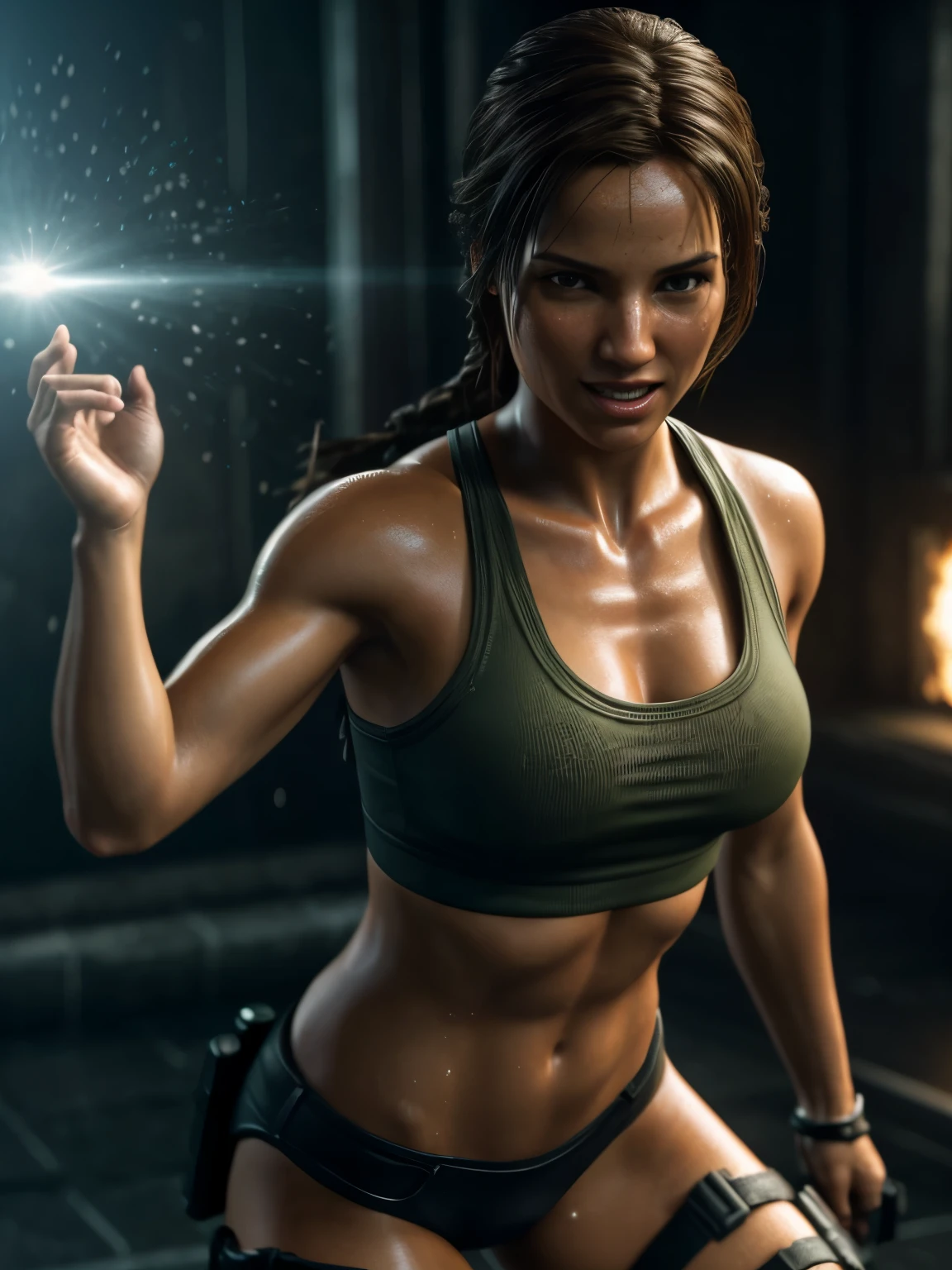 high speed motion. the image of lara croft behind obscured glass, tank top, facing the camera, both arms in the air, smiling face, mouth open, water flows from her ,ultra-realism, hyper-detailed, high-resolution cinematic 3D. "the matrix" background etreme detail, photography, depth of field, hdr, 20K, 3D, cinematic lighting , ethereal light, incredible details, intricate detail, complex details, distant vision