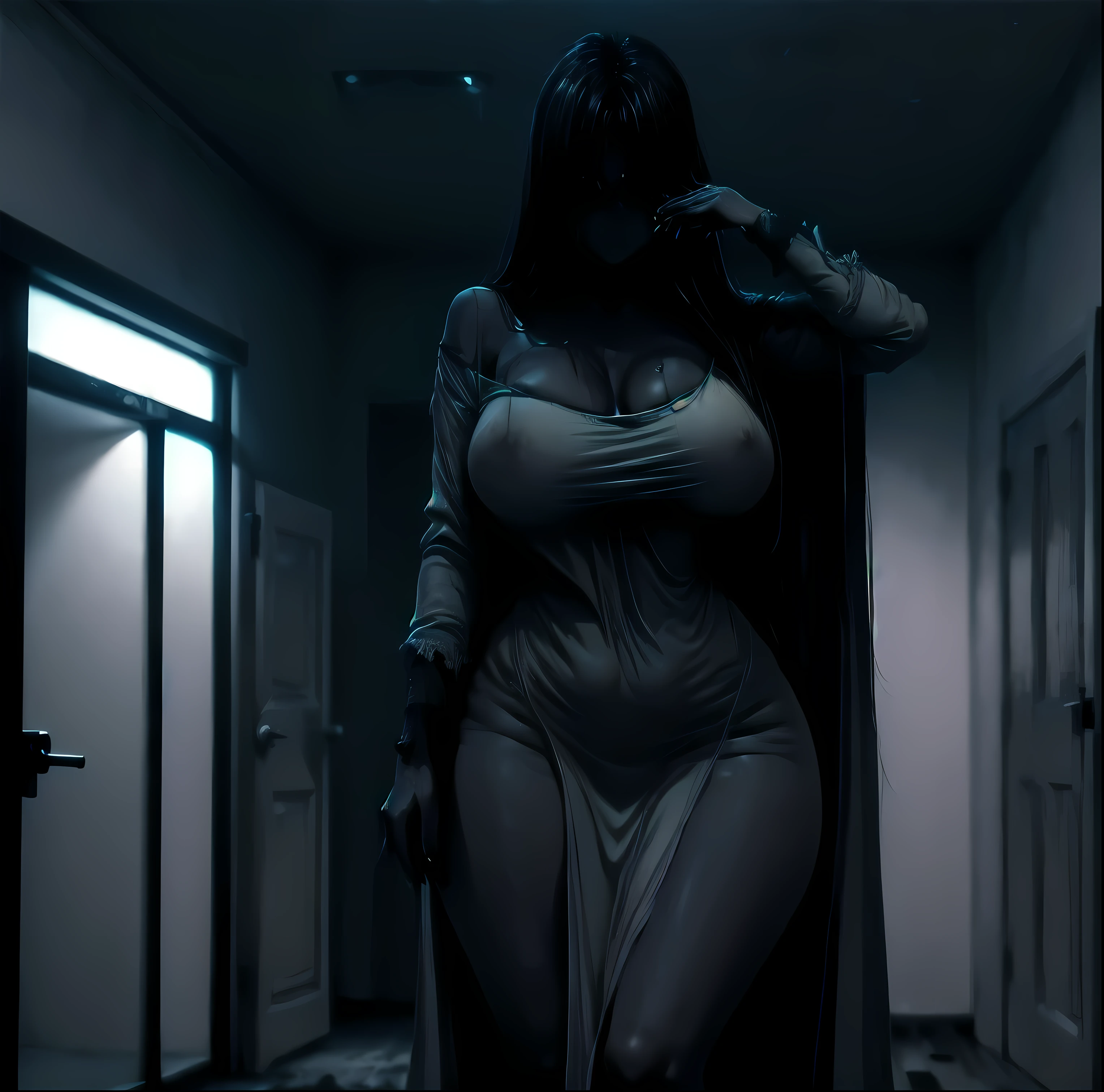 POV: pitch black dark attic with static on tv, extremely pale woman with breasts larger than her head, very tall woman, long wet black hair covers her face face, long white night gown sticking to skin, soaking wet, skinny, slim thick, small waist, wide hips, enormous breasts larger than her head, standing in pitch black dark bedroom with static tv