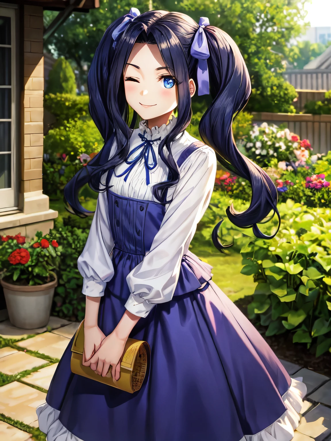 Super detailed, High resolution,[8k images:1.15],garden、long hair overall,anime style girl, 1 girl, smile、blue eyes, eyes visible through hair, eyes can be seen through hair、closed mouth、hair intake, bangs, purple hair, bangs, amount, very long hair, twin tails, parted bangs, hair ribbon, hair ribbon, dress, long sleeve, blue dress, neck ribbon, skirt、garden、flower々が咲くgarden, highest quality, High resolution,carboy shot、