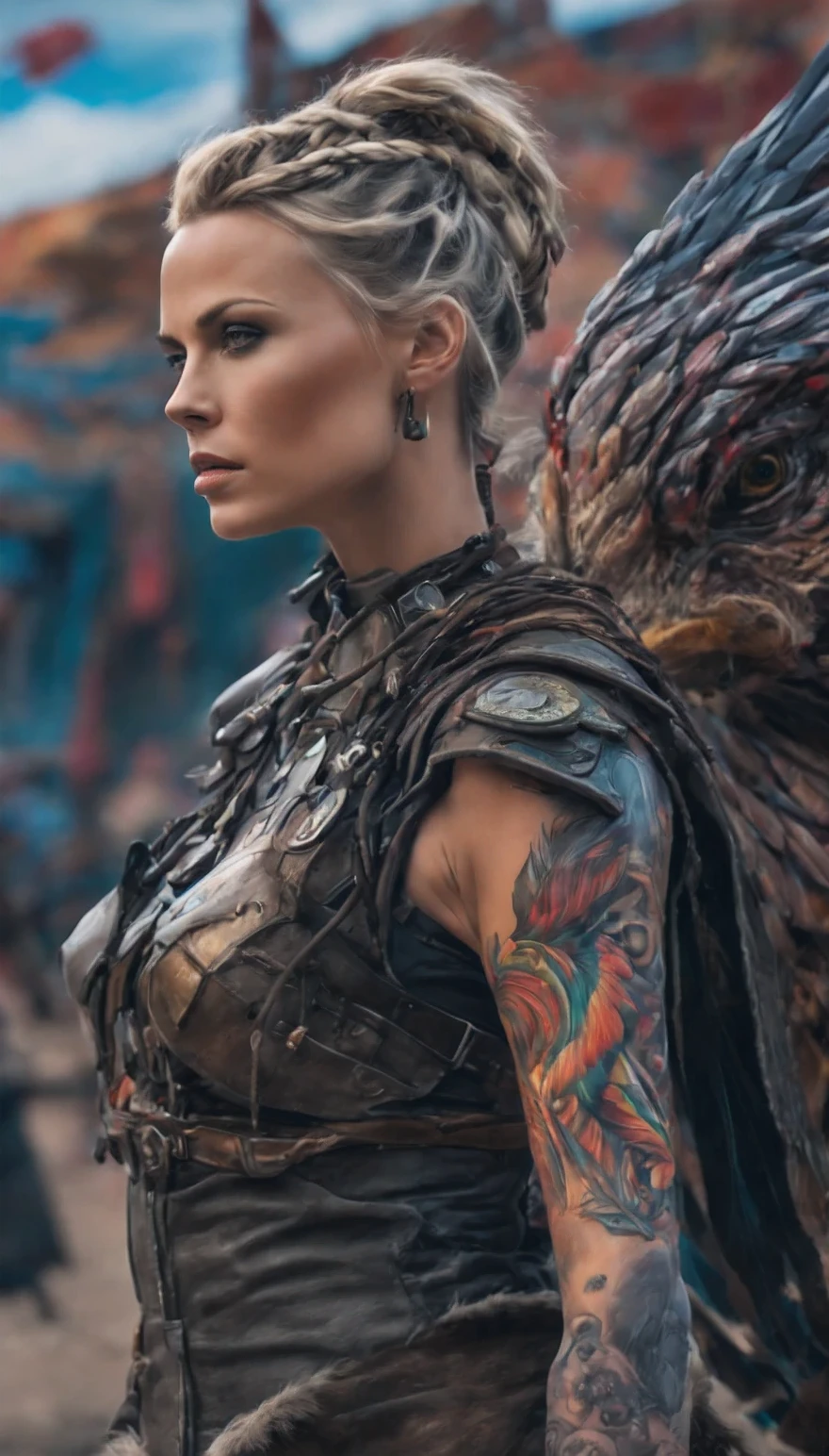 realistic, cowboy shot, (ohwx woman) cyborg, woman (Charlize Theron), hair braided in pigtails, dark makeup, colorful war painted tattoos on her neck and breasts, feathers in her hair, strong, proud, , beautiful full shot imagery, , beautiful atmosphere, a mix of ancient and futuristic atmosphere, ultra detailed, photorealistic imagery, imersive ancient background, 4k, 8k, low angle, action shot