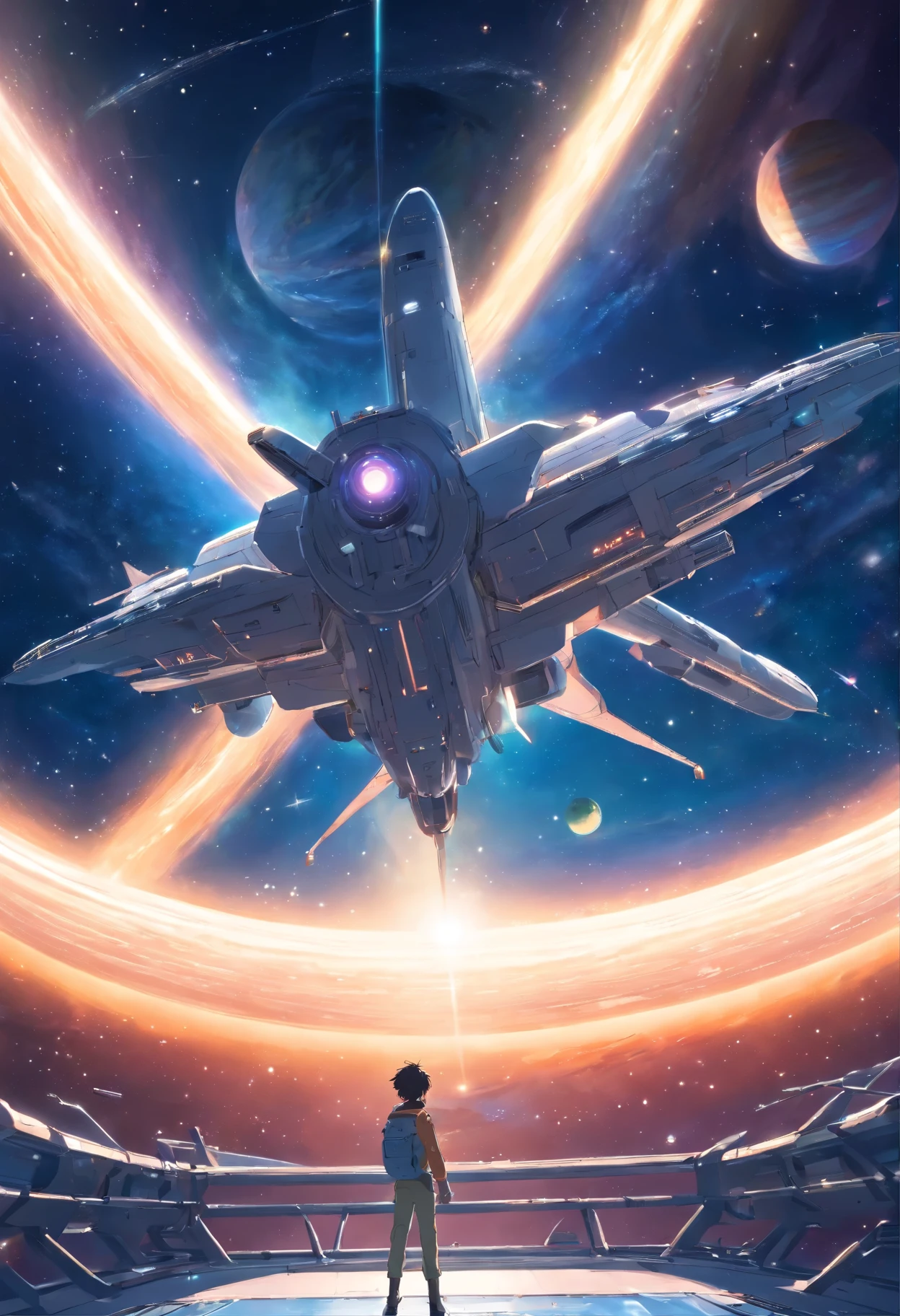 A spaceship in the middle of space, stars and planets in space