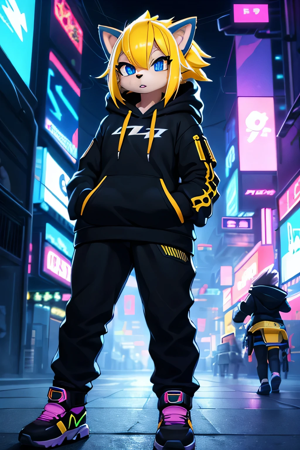 (anime girl hedgehog with yellow fur and blue eyes, vibrant, cyberpunk art style, wearing a black hoodie, lightning powers, neonpunk)