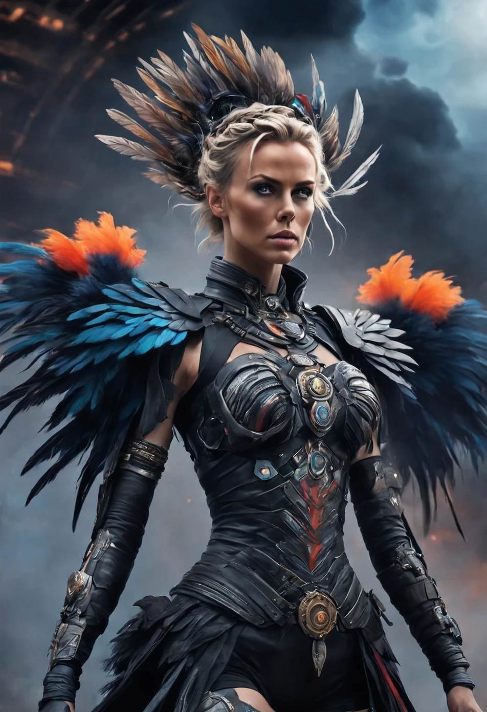 realistic, cowboy shot, (ohwx woman) cyborg, woman (Charlize Theron), hair braided in pigtails, dark makeup, colorful war painted tattoos on her neck and breasts, feathers in her hair, strong, proud, , beautiful full shot imagery, , beautiful atmosphere, a mix of ancient and futuristic atmosphere, ultra detailed, photorealistic imagery, imersive ancient background, smoke elements, 4k, 8k, low angle, action shot