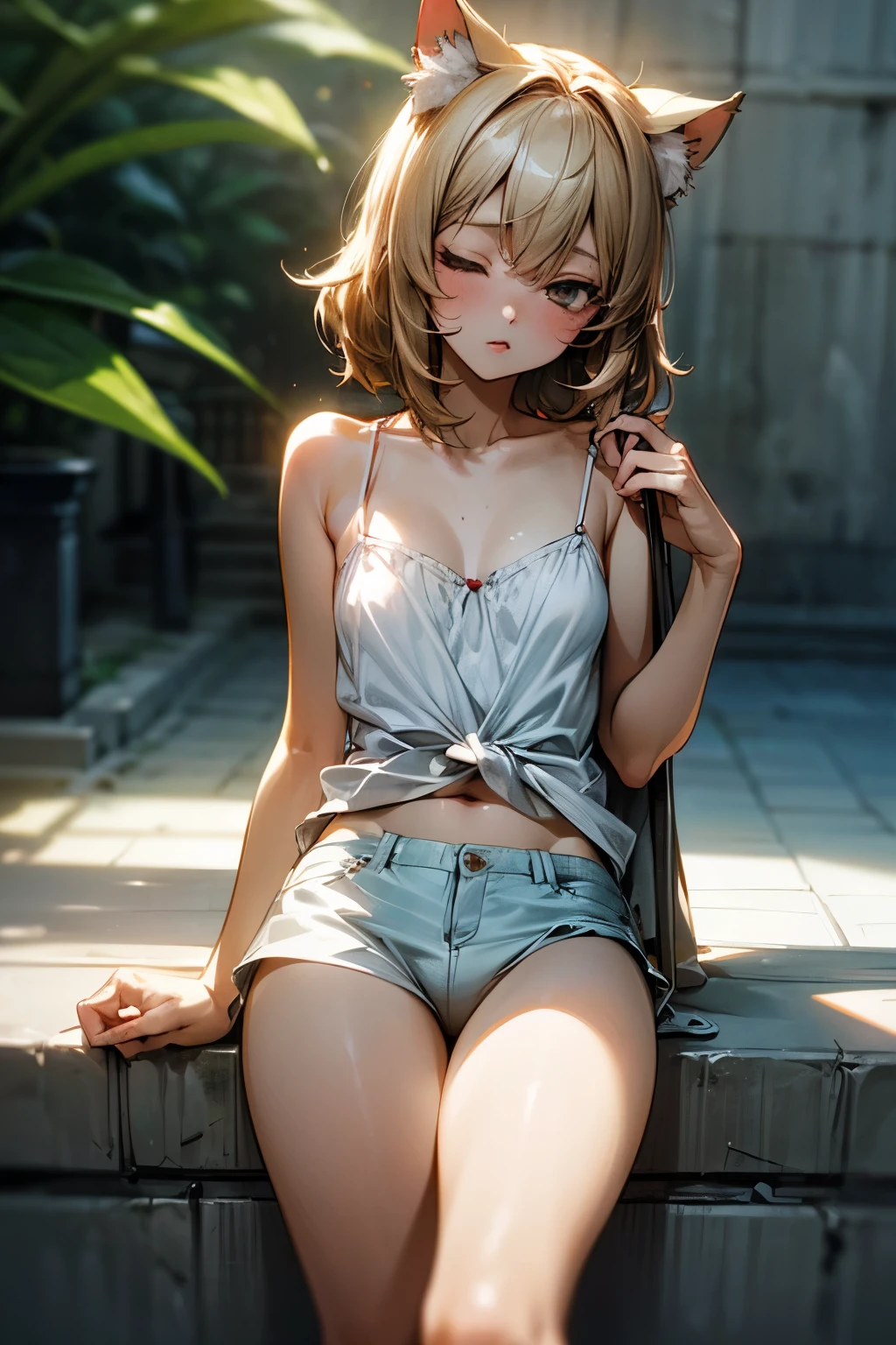 ((Masterpiece)), (Anime:1.5), ((best quality)), (RAW photo:1.2), (High Definition:1.3), (Professional Photography:1.2), (chromatic aberration), Textured skin, cinematic lighting, (()), wide shot, cat ears, pale brown hair, ((sleepy)), Cute Beautiful girl, BREAK, ((Masterpiece)), ((best quality)), (Glossy lips), Textured skin, medium hair, unruly hair, (slightly exposed small breast), ragged camisole, ((wearing dirty white camisole)), Cute panties, Slender body, small breasts, (Cheek cane), ((Leaning on concrete walls)), botanical garden,