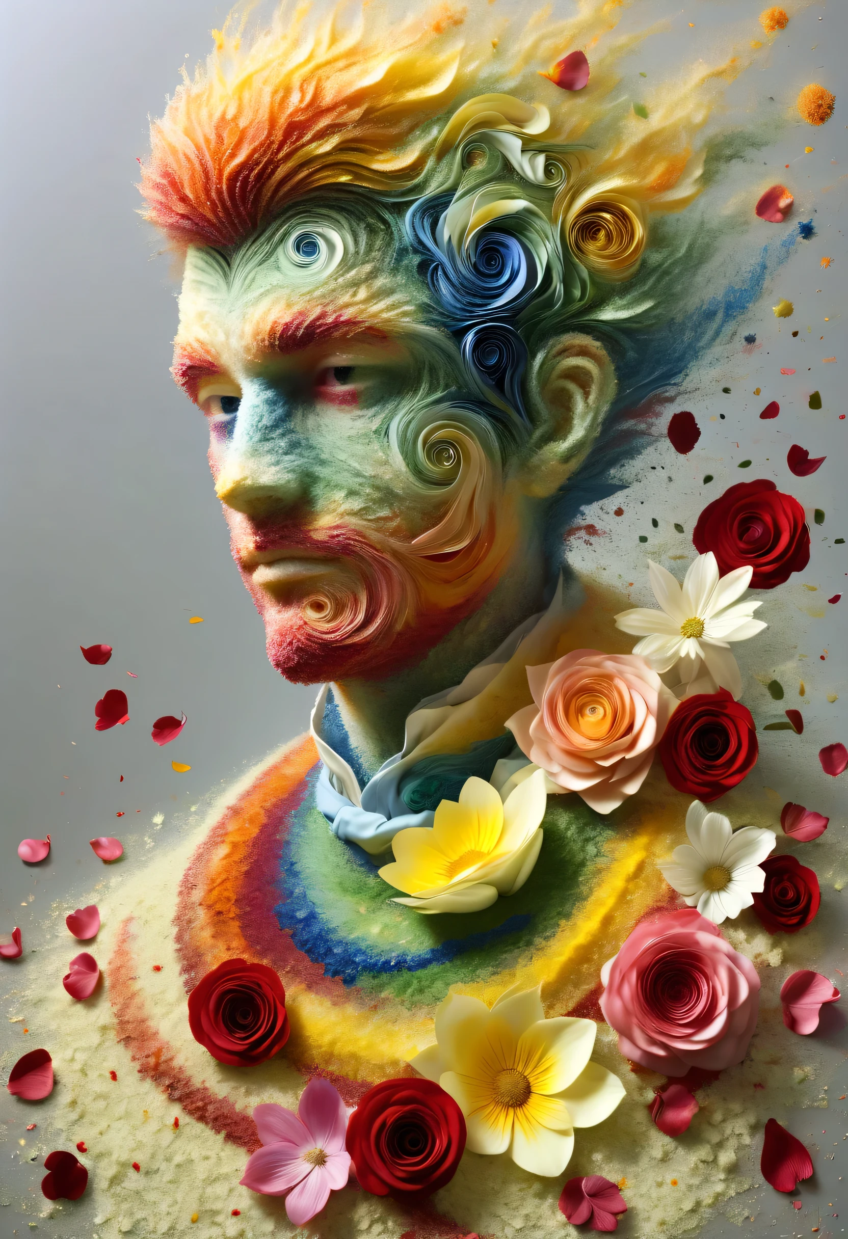 (Illusion d'optique:1.4), a boy made of petals, Art conceptuel, (best quality, chef-d'ouvrages d'Art, Representative work, Art officiel, professionnel, 8K)