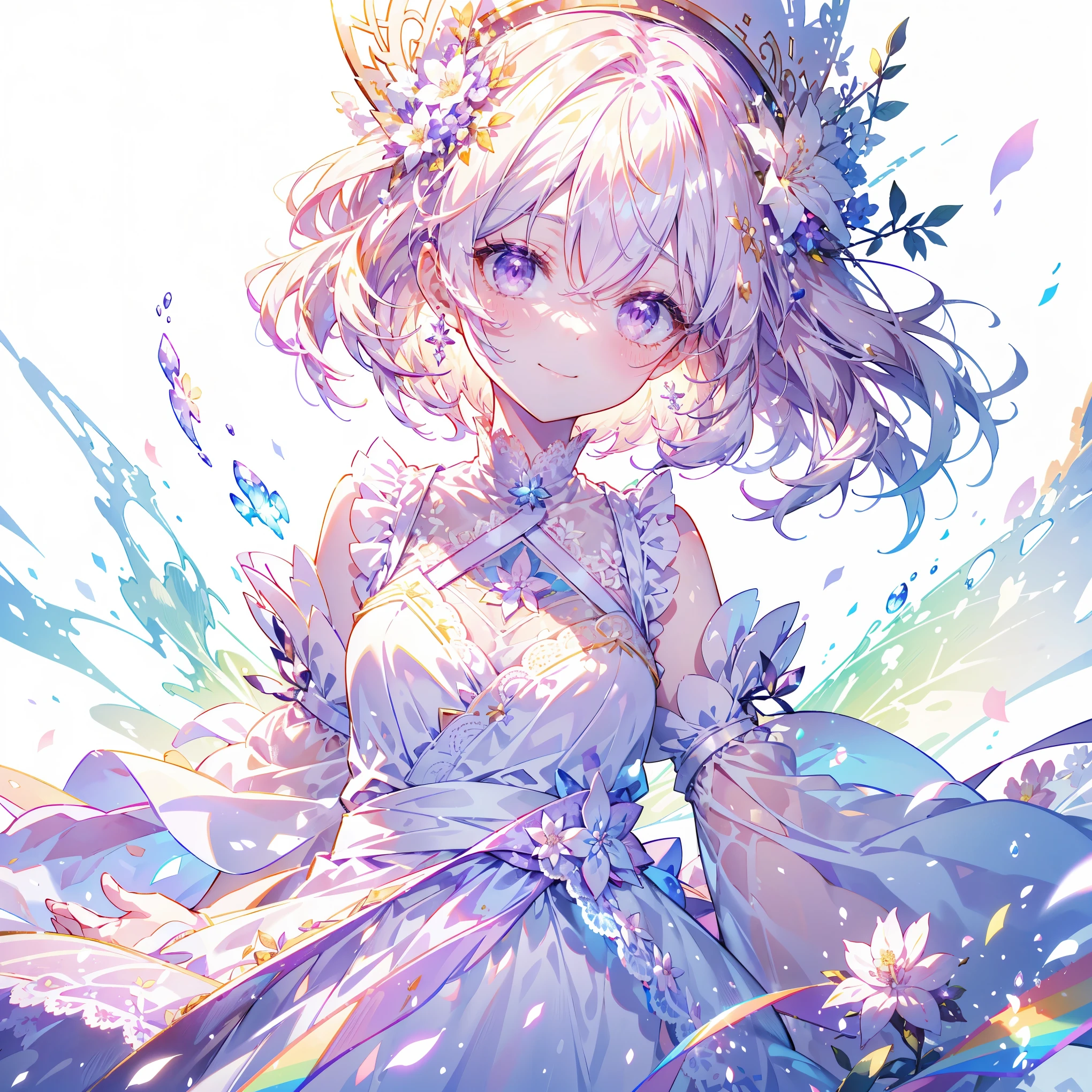 (highest quality, masterpiece, Super detailed, very detailed, exquisite, 16k,Full HD),(white background:1.5),A little closer,dramatic lighting,pastel colour,smile,(looks fun)grab the hem of the dress,sun光,fly in the sky,soft lighting, ((alone:1.5)),(clear sky,blue sky,rainbow,sun,morning sky,sunny),gentle wind,magical forest,flower,wood,flower畑,葉っぱとflowerびらが舞う,From above,((head shot)),画面いっぱいのflower,(fairy princess, purple eyes, long eyelashes,white skin,slim,pale pink plump lips,pale pink cheeks, The wind is blowing,(medium hair,wavy hair,blonde),thin and long,(thin and high nose,small nose),(腰の少しFrom above巨大な妖精の羽:1.5),sunの光に反射した,sunの魔法,flowerのティアラ,diamond earrings,Diamond Choker,(waist is narrow,fluffy white ball gown dress, lace and frills),(smile:1.2), (fantasy, romantic atmosphere), 