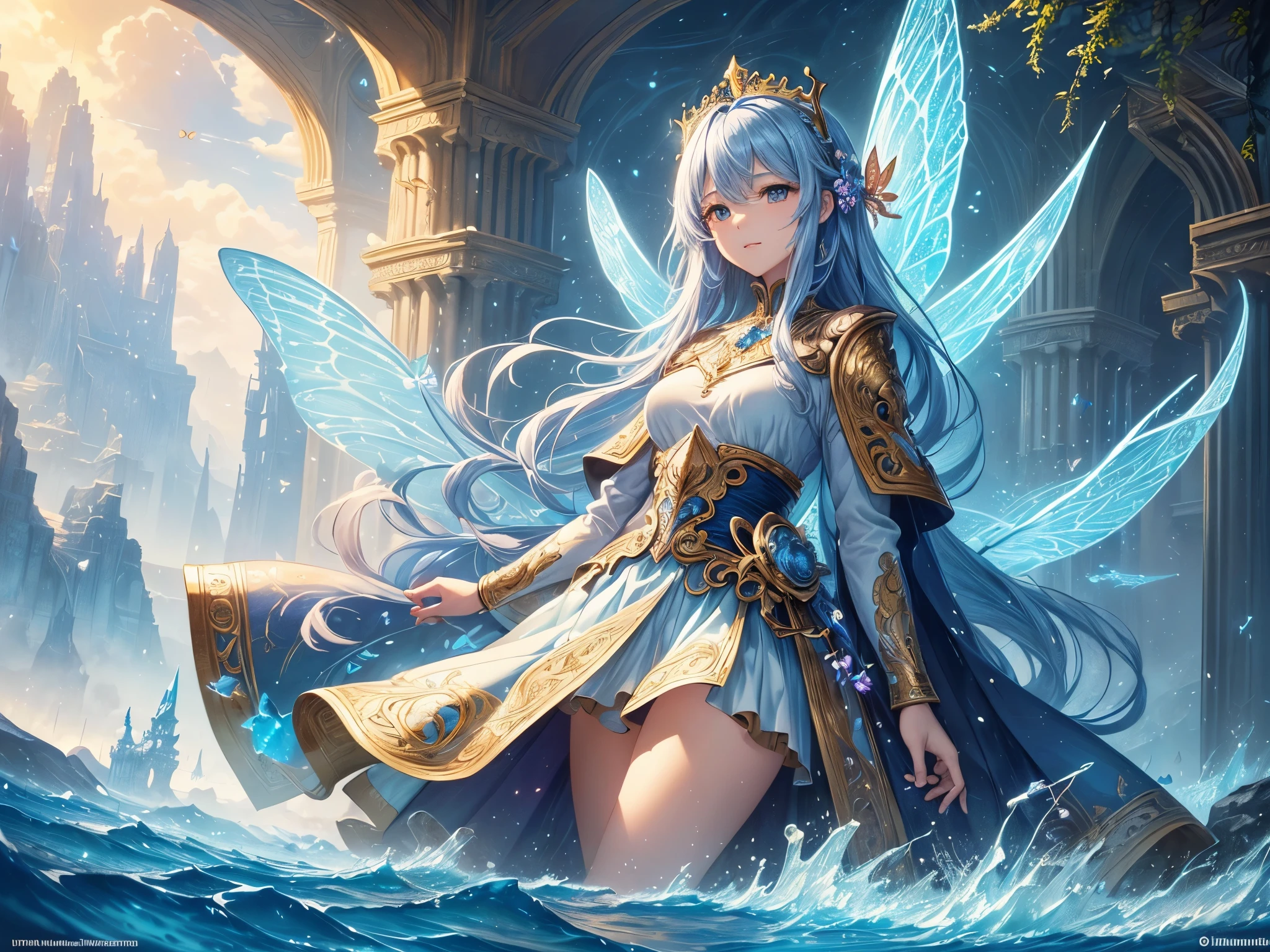 ((highest quality)),(ultra high resolution),(Super detailed),(detailed description),((best CG)),(best work of art),super precision art,amazing drawing art,(Fantasy art with precise details:1.5), Utopia of eternal spring,coloured butterflies、The blue sky spreads everywhere、clear stream、small flowers々、