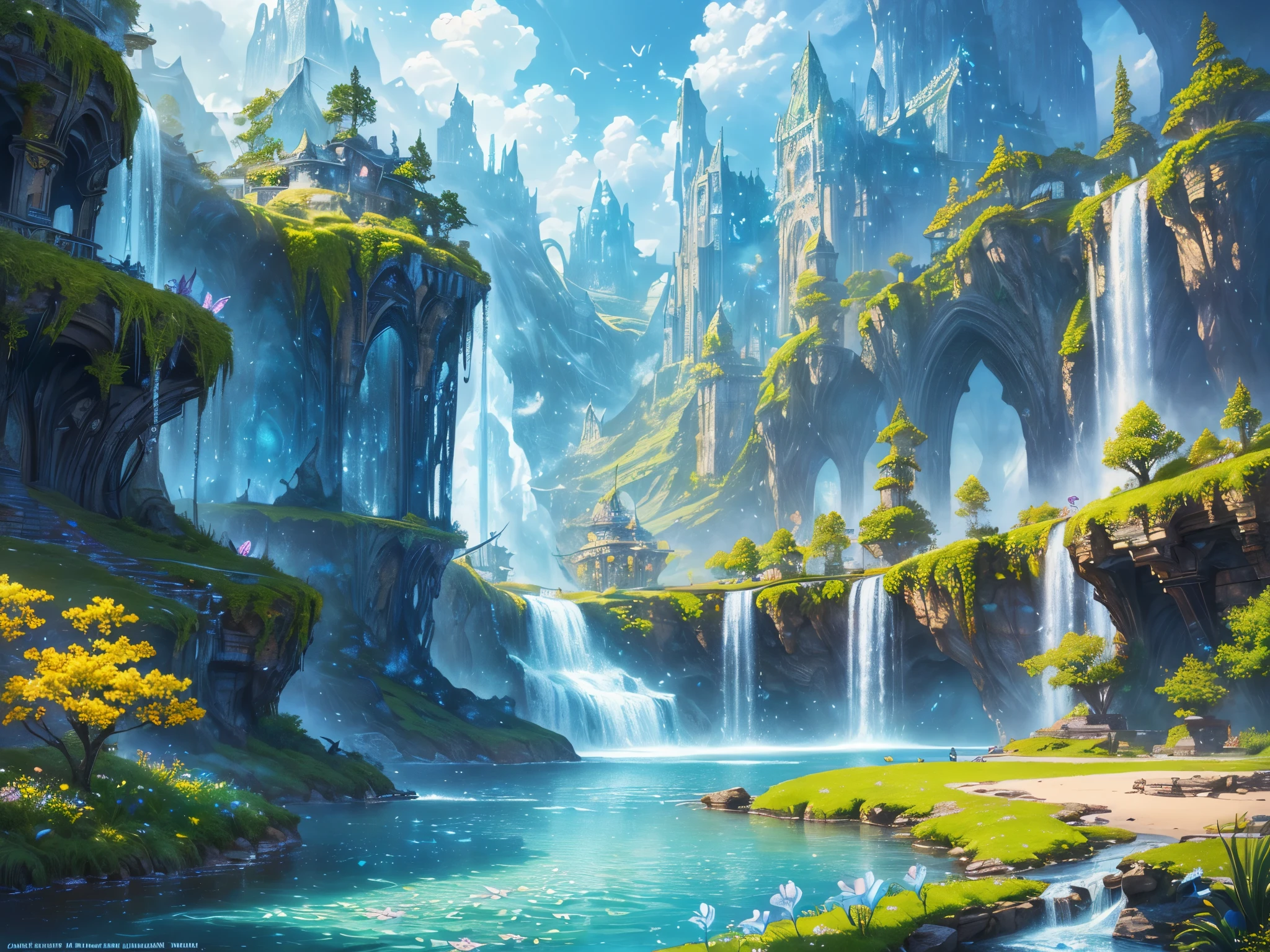 ((highest quality)),(ultra high resolution),(Super detailed),(detailed description),((best CG)),(best work of art),super precision art,amazing drawing art,(Fantasy art with precise details:1.5), Utopia of eternal spring,coloured butterflies、The blue sky spreads everywhere、clear stream、small flowers々、