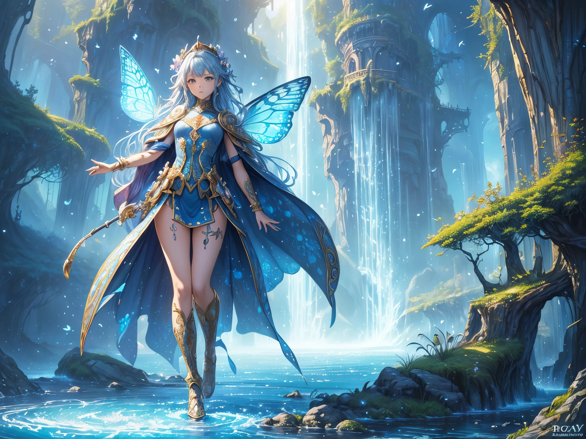 ((highest quality)),(ultra high resolution),(Super detailed),(detailed description),((best CG)),(best work of art),super precision art,amazing drawing art,(Fantasy art with precise details:1.5), Utopia of eternal spring,coloured butterflies、The blue sky spreads everywhere、clear stream、small flowers々、