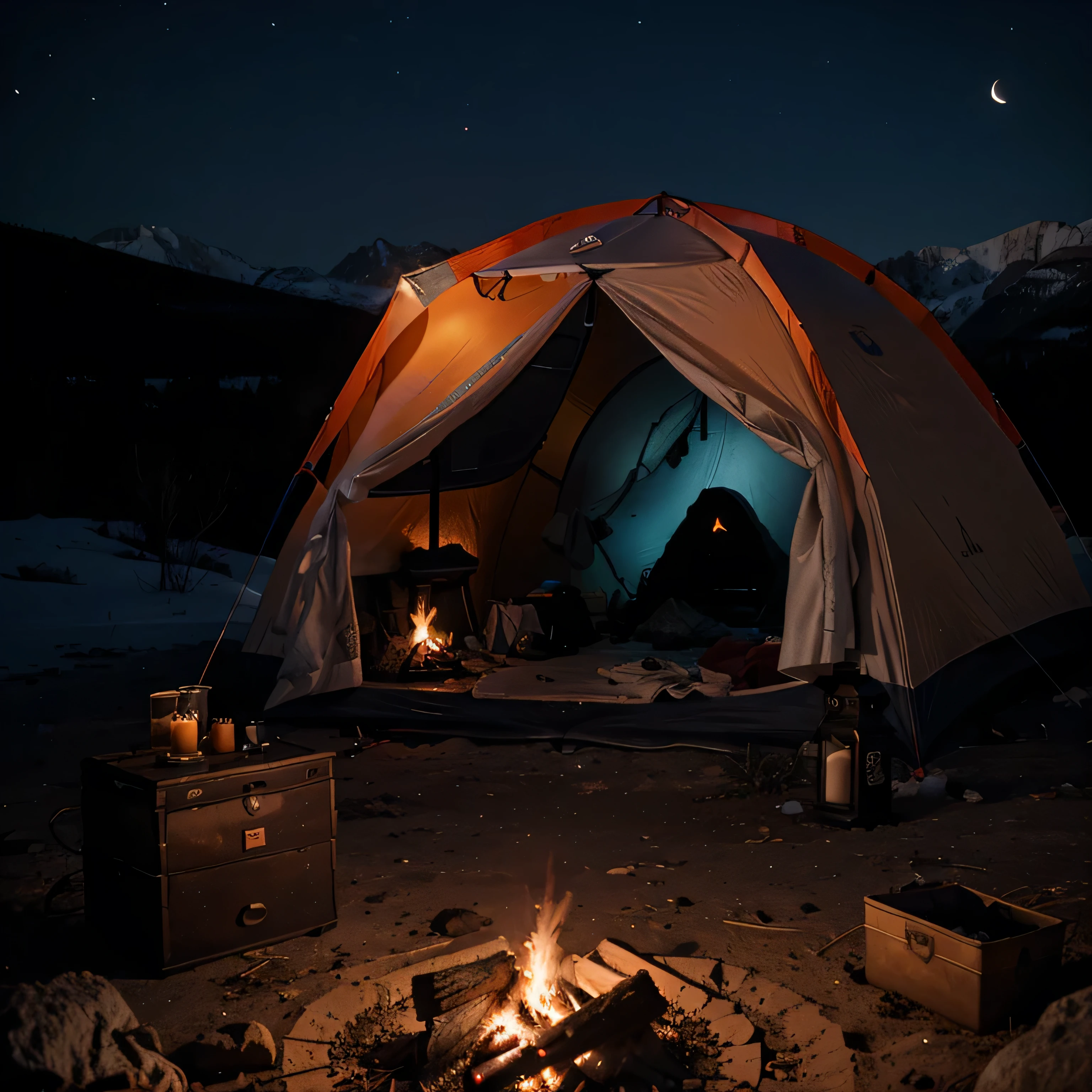 Scene from&#39;ultra realistic horror. la photographie. Dans les montagnes au milieu de nul part. A tent torn from the&#39;interior and remains of nine people&#39;les affaires. Un feu de camp s&#39;Extinct. Dans la nuit avec une lune rouge. 
