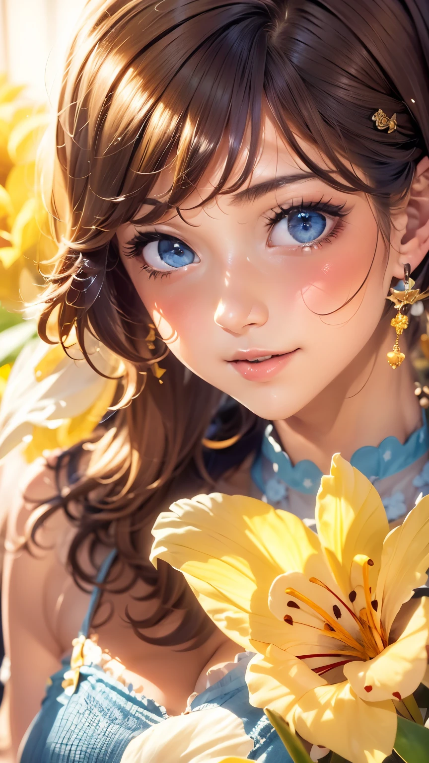 1 girl, Blue eyes. Full-length, holding a lily in her hand, short blue bell dress with yellow stripes, straps, and open shoulders. Blue eyes glow with happiness. Head tilted, short brown hair, graceful head, with a clear smile on her face, Chic interior - sunshine. Chara, a golden studio background, stands among white flowers. Brown hair, blunt bangs, hair between the eyes, parted bangs, long eyelashes, earrings, slight smile, Realism, Surrealism, Art Deco, chiaroscuro, backlighting, masterpiece, anatomically correct, super detail, excellent detail, award-winning, best quality, 1080P, HD