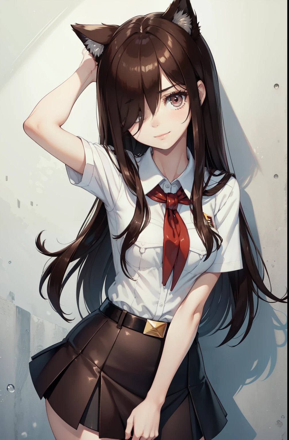 very young slim fit girl, full height, rounded face, (very long disheveled dark brown hair:1.5), big brown eyes, shy smile, perfect flat breast, band on head with fake cat ears, sashagrey, pioneer neckerchief, short tight blue pleated skirt, bangs, tight white shirt, short sleeves, collared shirt, belt, red neckerchief, breast pocket, white wall, hair over one eye, parororo