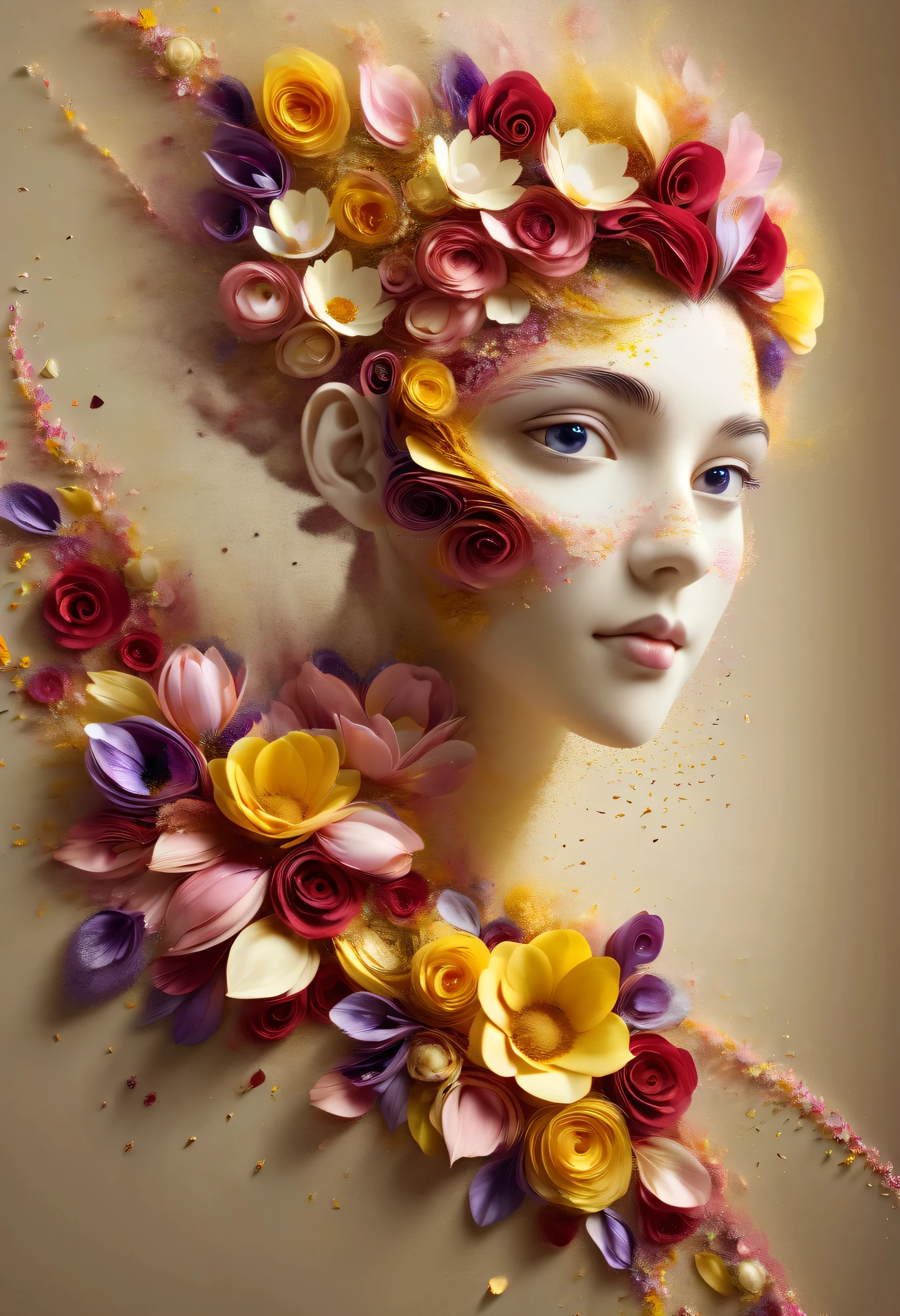 (Illusion d'optique:1.4), a girl made of petals, Art conceptuel, (best quality, chef-d'Ouvrages d'art, Representative work, Art officiel, professionnel, 8K)