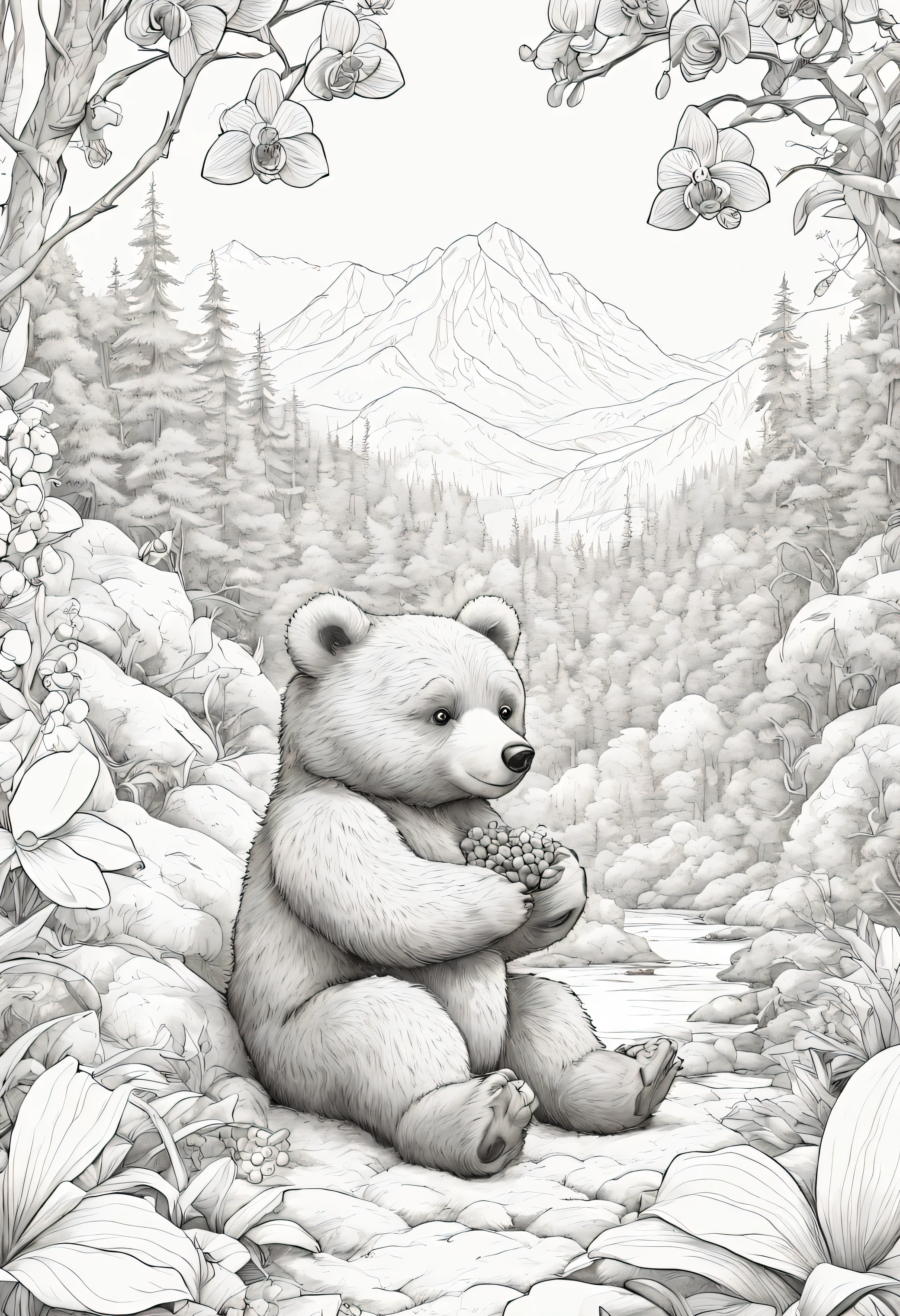 Line drawing, Pixar style, coloring An adorable little bear rests in his den, eating nuts, fruits and berries among vibrant orchids in a North American inspired forest with a detailed background of wooded mountainous areas . ColoringBookAF, coloring books on blank white background Redmond-coloring book