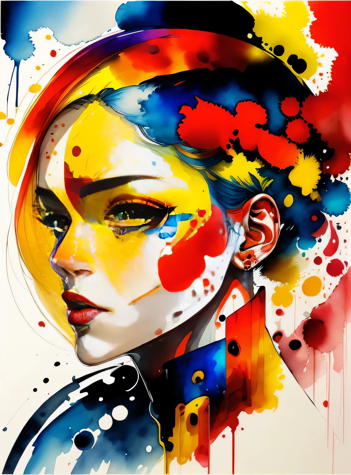 Uma pintura de uma mulher com rosto vermelho e amarelo, Aquarelas Sylvia Pelissero, Copo, arte figurativa, Pintura em aquarela intensa, arte detalhada em aquarela, respingo de aquarela, Surreal, Arte pop de vanguarda, Pintura bonita e expressiva, beautiful fine art illustration, tons muito coloridos, Fantastic, Beleza legal, mais alta qualidade,arte oficial, Just women, sharp contour