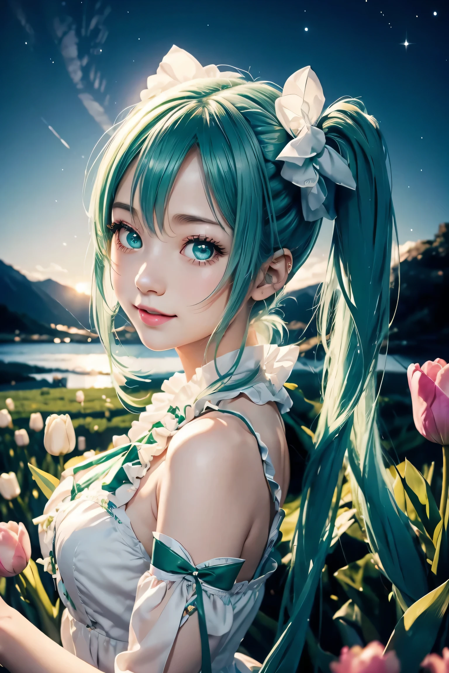 hatsune miku,twin tails,Beautiful emerald green eyes,white skin,hatsune miku costume,white ruffle dress,green ribbon around neck,super high quality,super high quality,masterpiece,digital single lens reflex,realistic,Detailed details,vivid details,depicted in detail,detailed face,Detailed details,Super detailed,realistic skin texture,based on anatomical basis,perfect anatomy,anatomically correct hand,anatomically correct fingers,Complex 3D rendering,sexy pose,beautiful tulip field,fantasy world view,Fantastic night view,fantastic night sky,beauty like a painting,Take a full body photo,nine-headed body,pink lip,Beautiful curly hair,emphasize the beautiful whole body,smile,