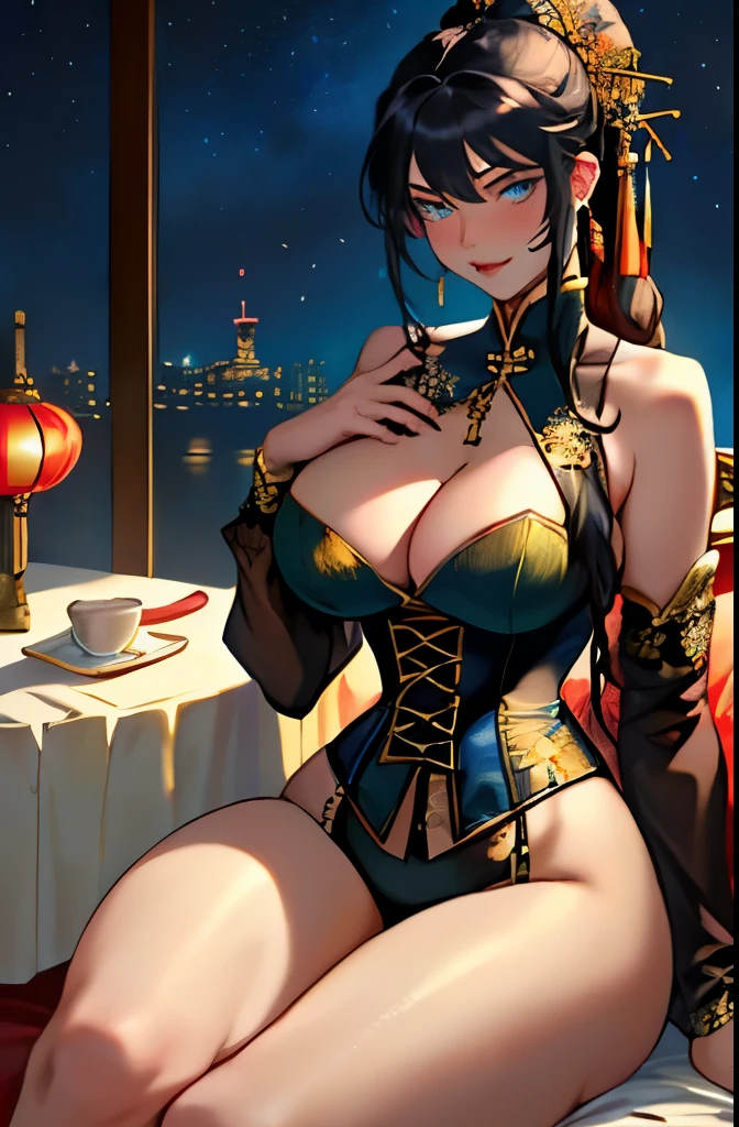 slim waist, slender torso, big pouty lips, coy smile, lips parted, blushing, almond-shaped-eyes, a Chinese beauty, 4k, 8k ), ((wide hips, thick thighs)), huge breasts, boob squish, sitting demurely on silk bed, backlit, looking at viewer, low camera lens shot (masterpiece), (best quality:1.2), absurdres, intricate details, (highly detailed skin:1.2), ((luminous)) (((vivid bold color))) ((cinematic presentation)), long curly black hair, blue eyes, (((SOLO))), (((CLEAVAGE))), long braided ponytail, martini glasses on table, corset and stockings, tonight's girlfriend, gold jewelry, silk pillows, bare shoulders