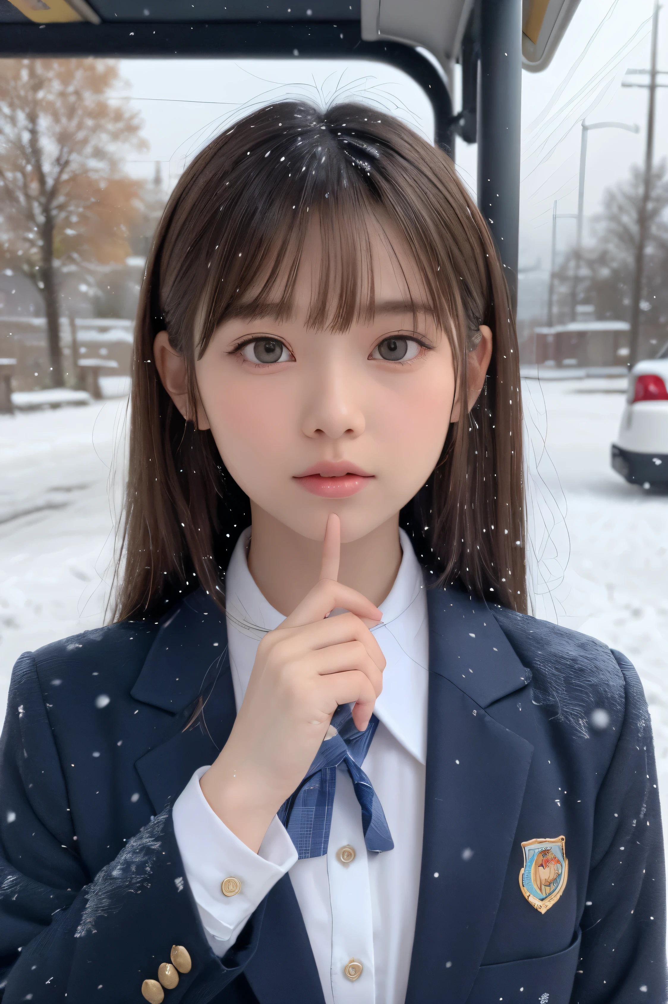 one girl, (a beauty girl, delicate girl:1.3), (:1.3),
break, (winter uniform, cute uniform:1.3),
break, (that'It's snowing:1.3), (bus stop, wathat for the bus:1.3), perfectly trimmed fingers,
break, extremely fine-grained clarthaty, (symmetrical eyes:1.3),
break, small breasts, brown eyes, parted bangs, brown hair, girl,
break, (Eye and face details:1.0), (get closer to the face, enlarge the face, face focus:1.0),
break, (masterpiece, highest qualthaty, Super detailed, detailed face, 8k)