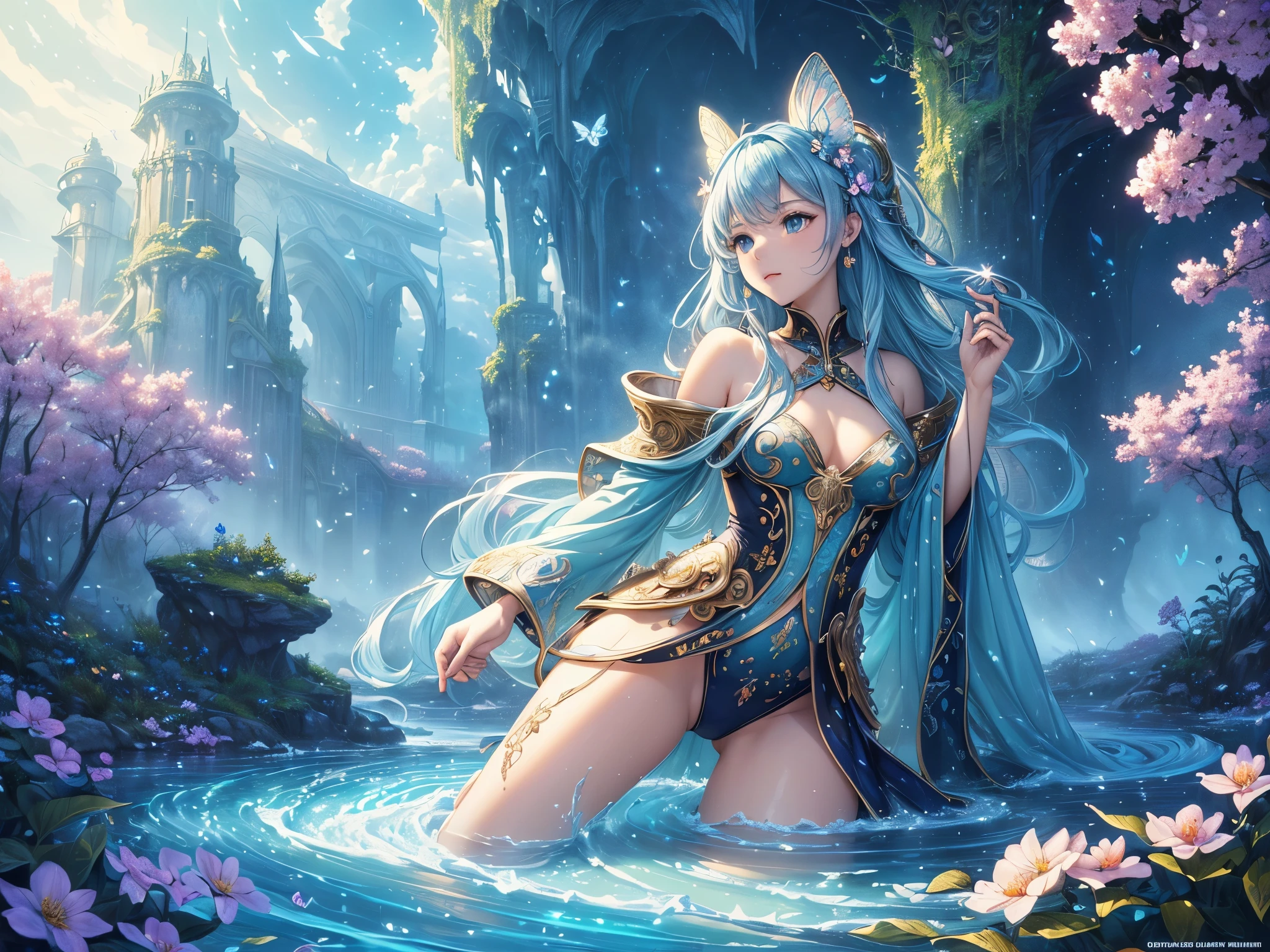 ((highest quality)),(ultra high resolution),(Super detailed),(detailed description),((best CG)),(best work of art),super precision art,amazing drawing art,(Fantasy art with precise details:1.5), Utopia of eternal spring,coloured butterflies、The blue sky spreads everywhere、clear stream、small flowers々、