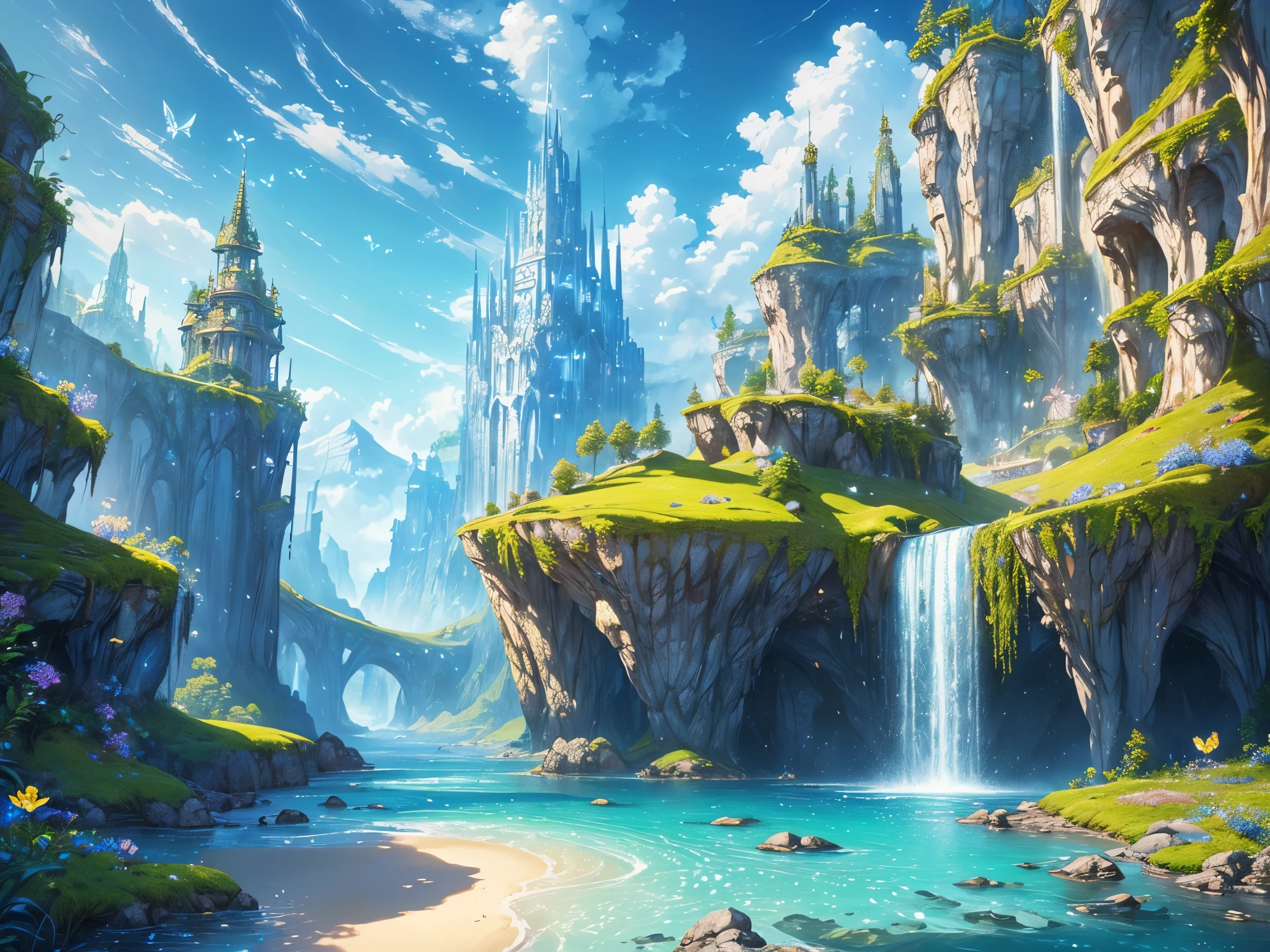 ((highest quality)),(ultra high resolution),(Super detailed),(detailed description),((best CG)),(best work of art),super precision art,amazing drawing art,(Fantasy art with precise details:1.5), Utopia of eternal spring,coloured butterflies、The blue sky spreads everywhere、clear stream、small flowers々、