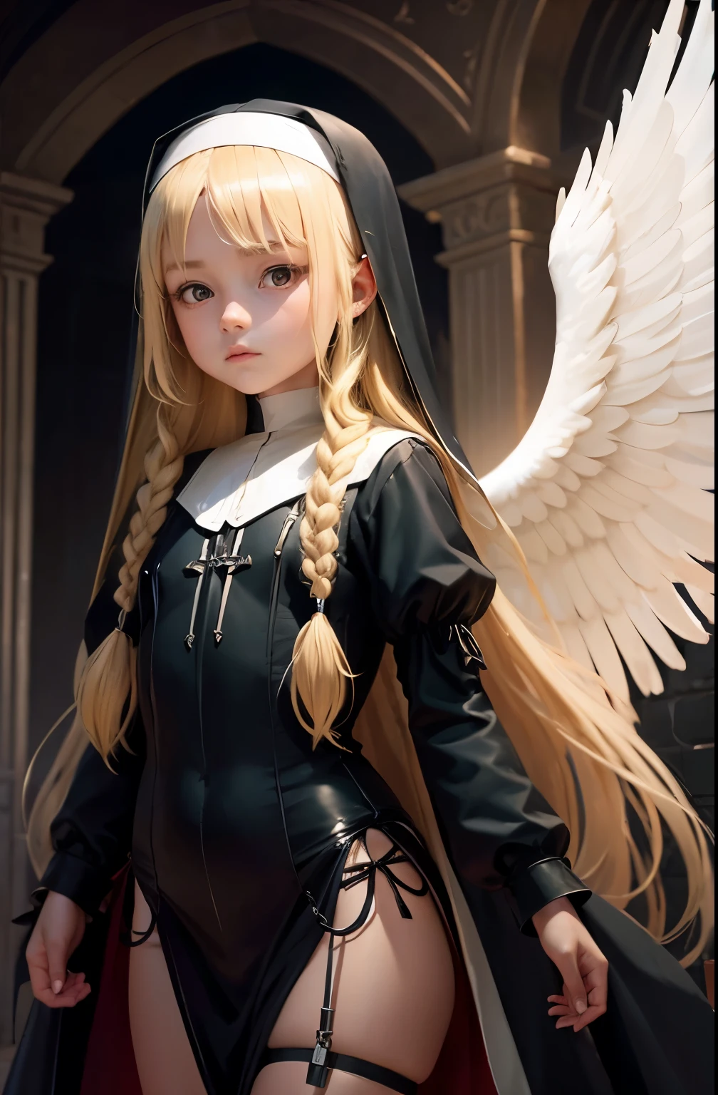 ultra realistic old, cos , long blonde hair with braided fringe , nun , flat breasts , no panties, NUDE, kink collar , menacing face , ángel wings , Dungeonpunk .