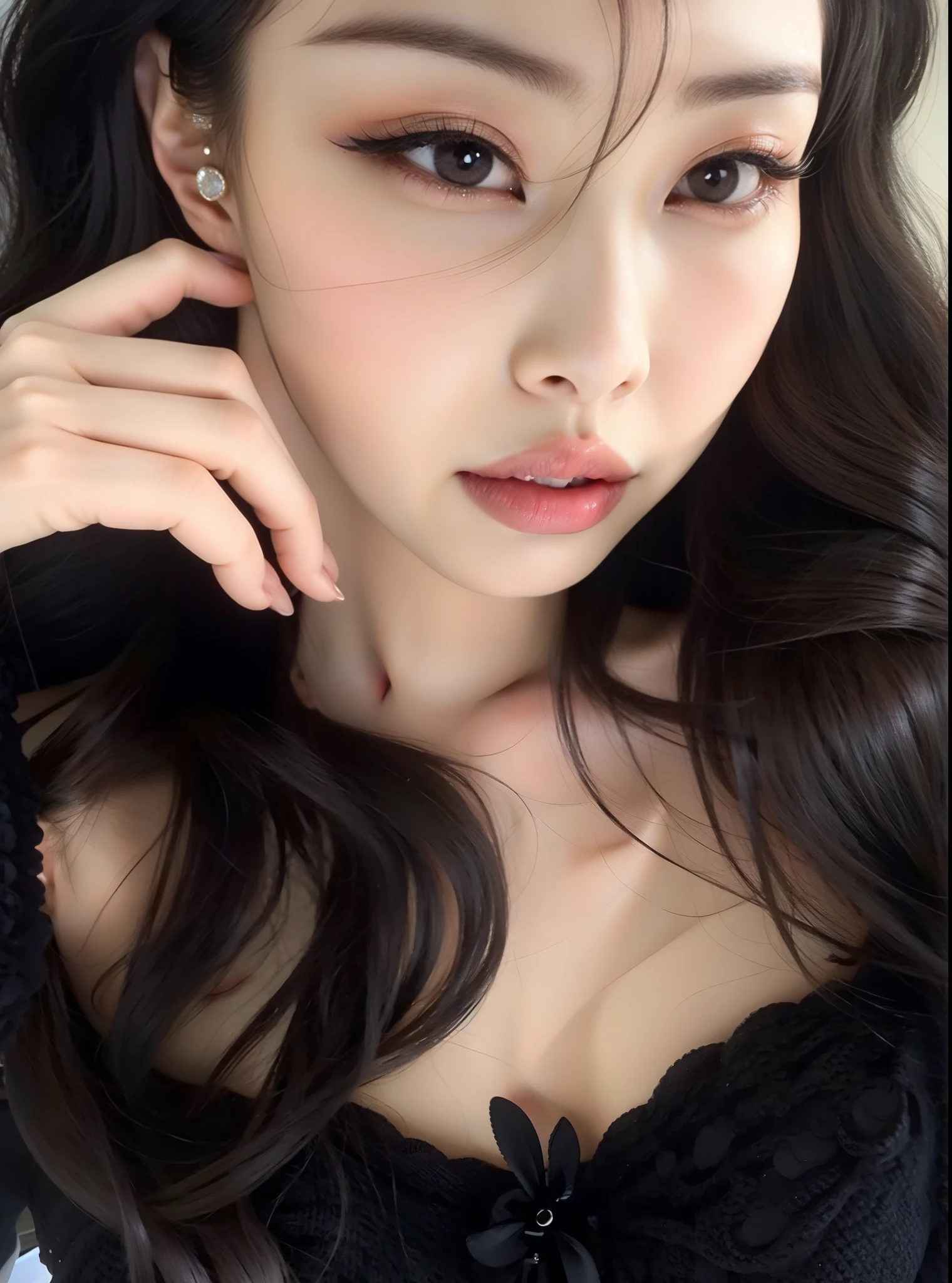 Un primer plano de una mujer con cabello largo con un vestido negro, Labios claros y de alta calidad, Cara linda clara, Beautiful aesthetic face, ulzzang, chica linda-fina-cara, Cara sexy con maquillaje completo, maquillaje popular de Corea del Sur, marcas en su cara, nariz grande y redonda labios cerrados, small lips pointy nose, maquillaje coreano popular, con labios muy finos