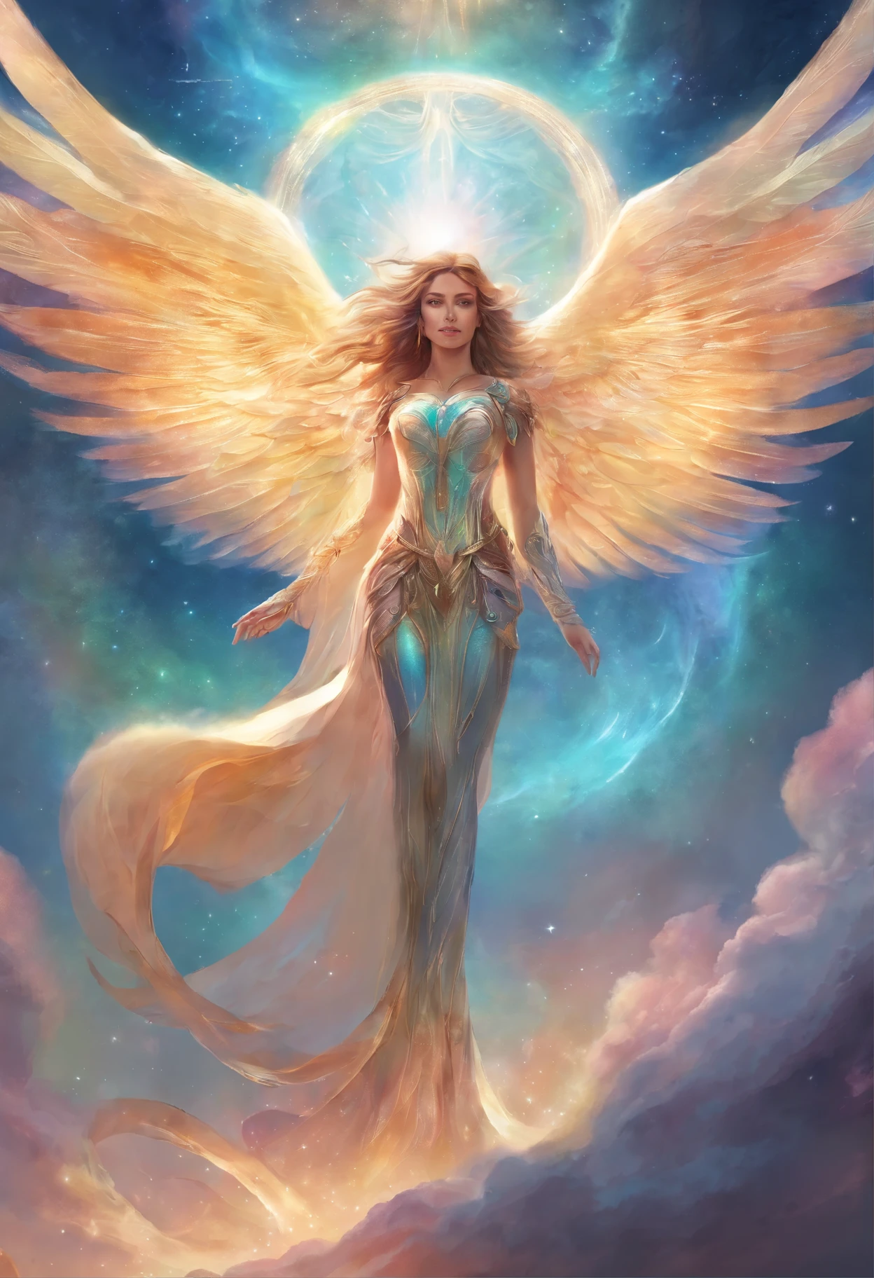 Archangel muito gigante, close up, Holographic, atmosfera celestial e multidimensional