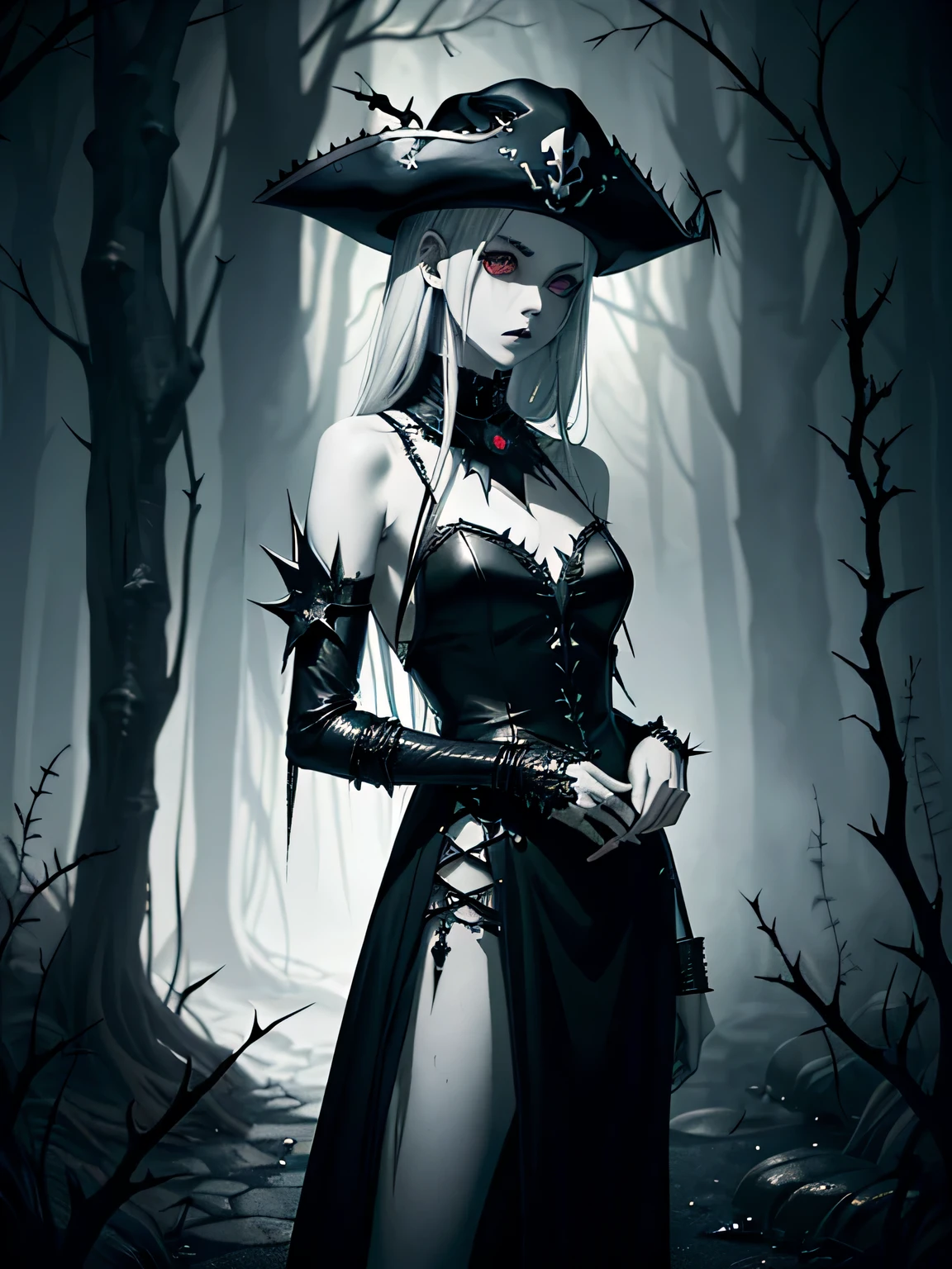(((dark fantasy horror art))), ((gloomy atmosphere)), beautiful anime girl, pale skin, iron hair, pirate cocked hat, metallic thorns, embossed bracers, smooth lines, bare shoulders, long hanging sleeves, open clothing, long clothes, ((cold lighting)), horror atmosphere, highly detailed art, highly detailed background