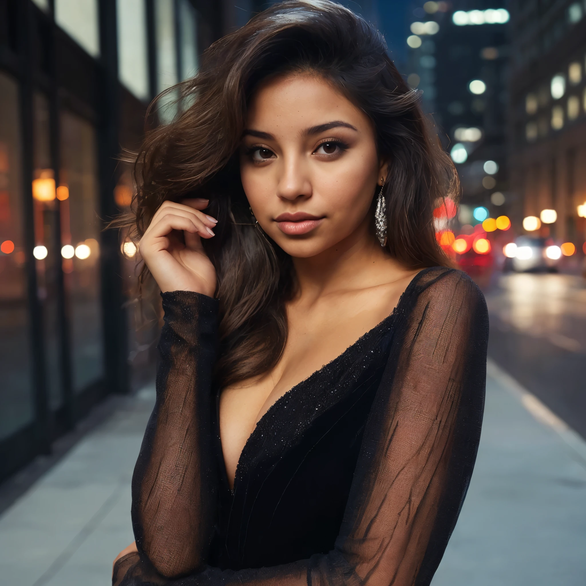 Beautiful latina outside downtown, hourglass figure, flowing hair.