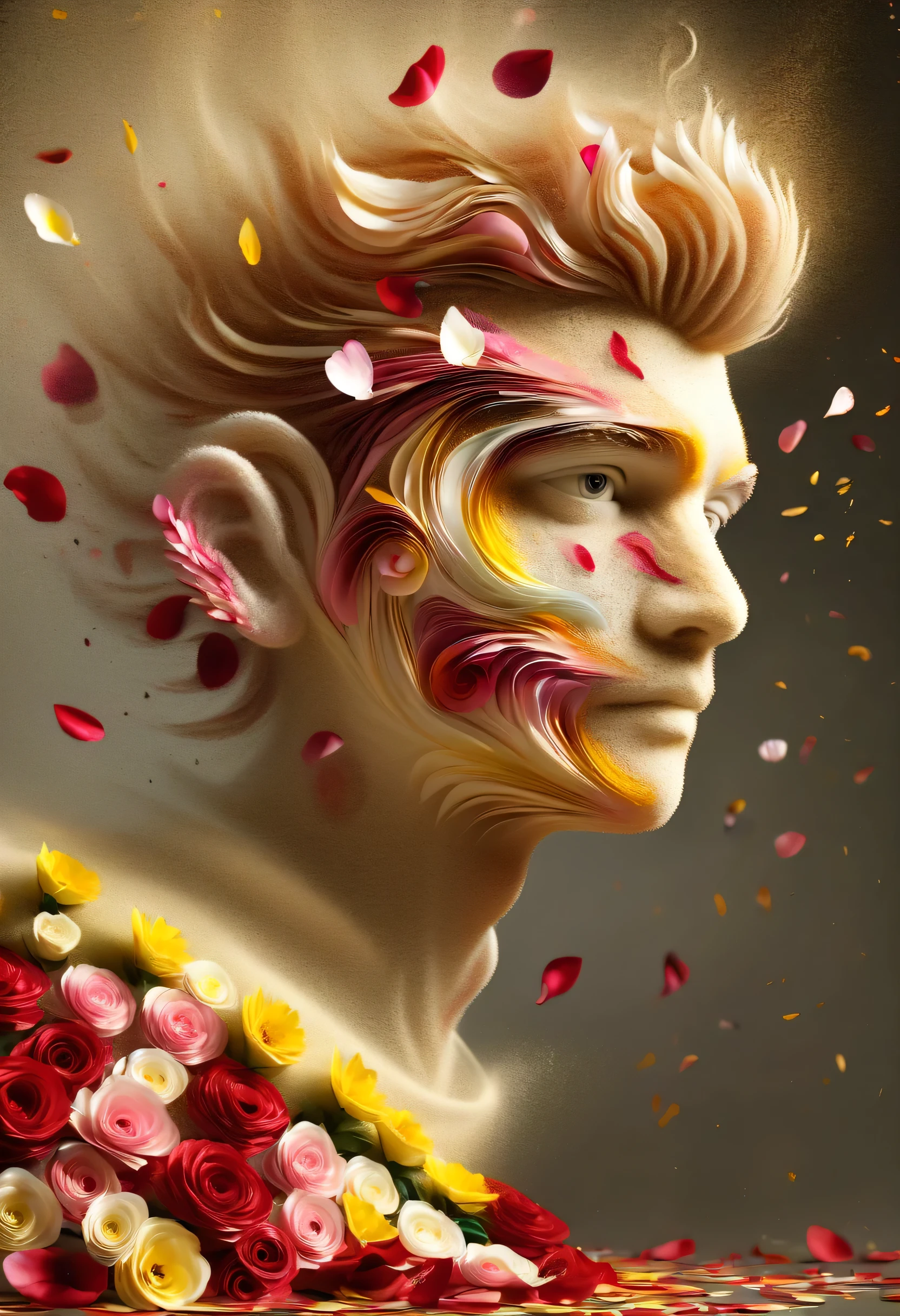 (Illusion d'optique:1.4), a boy made of petals, Art conceptuel, (best quality, chef-d'ouvrages d'Art, Representative work, Art officiel, professionnel, 8K)