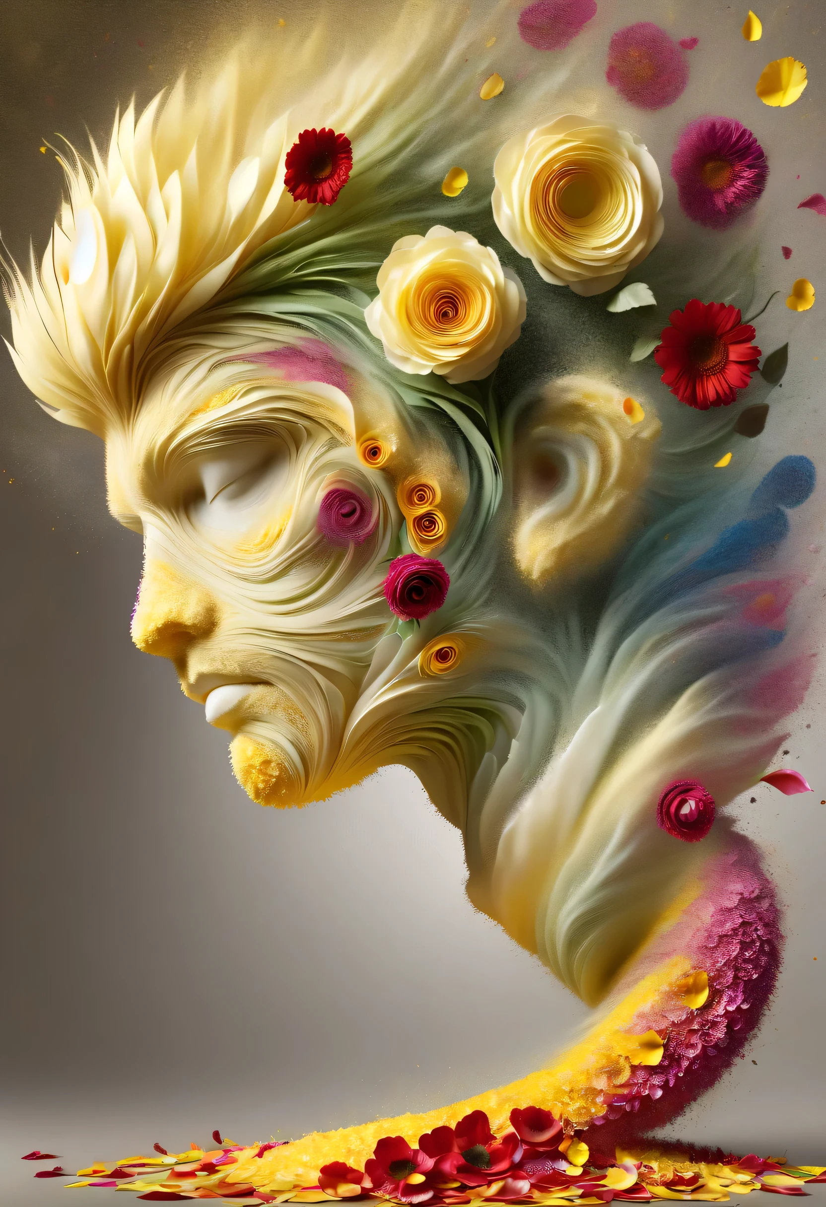(Illusion d'optique:1.4), a boy made of petals, Art conceptuel, (best quality, chef-d'ouvrages d'Art, Representative work, Art officiel, professionnel, 8K)