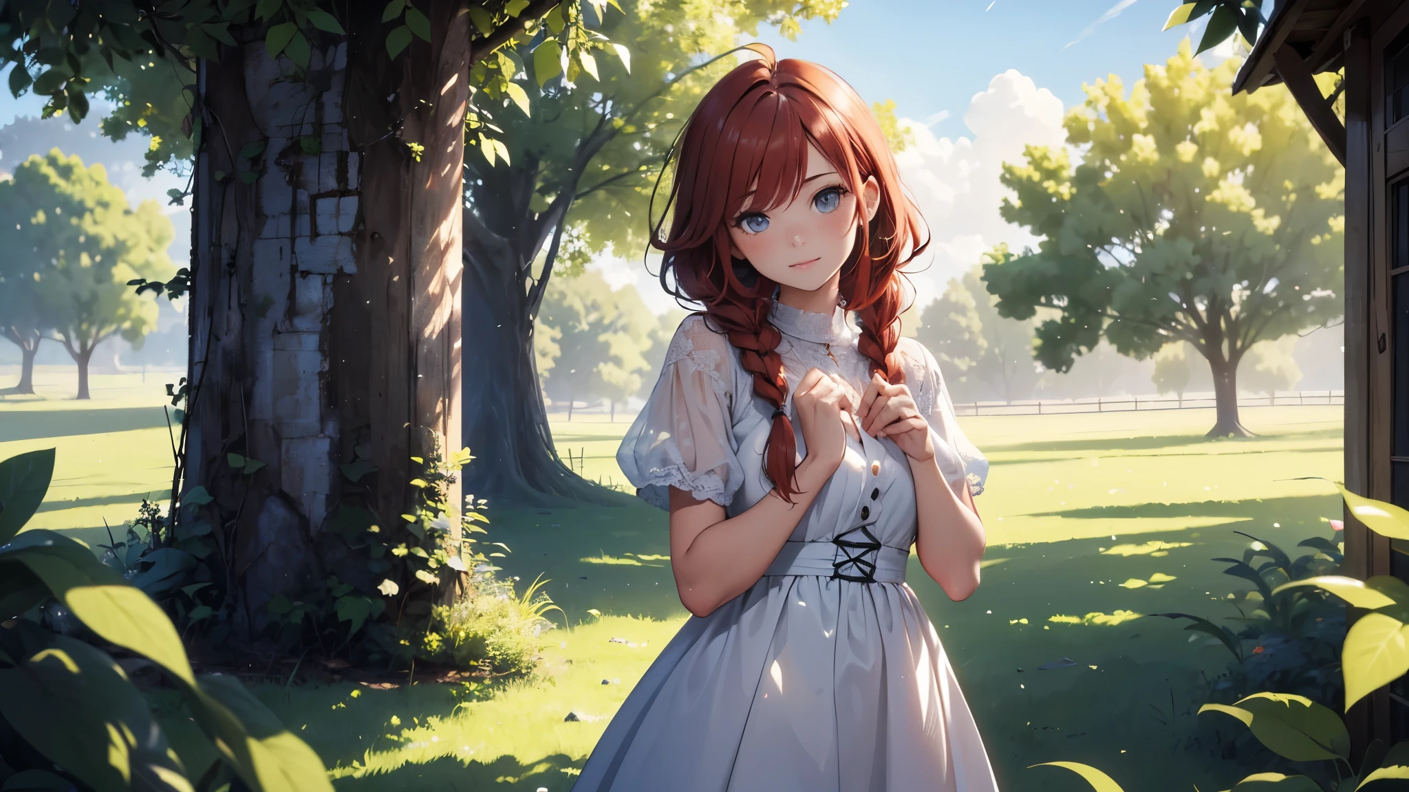 ((masterpiece,best quality,ultra detailed,ultra high res,detailed country yard background)), soft realistic focus, dynamic shadows, realistic image, vibrant colors,light leaks,dreamy atmosphere,chiaroscuro,BREAK 
experimental charm, The girl is depicted in full growth, you see the girl from head to toe, nostalgic appeal, country girlfriend, she take you with yourself, simple open short dress, soft mischievous smile, freckles, shiny light red hair, she will take your hand, thick braids, And you, you changed my life but now you gone, In my heart you were the one, But now, now your gone